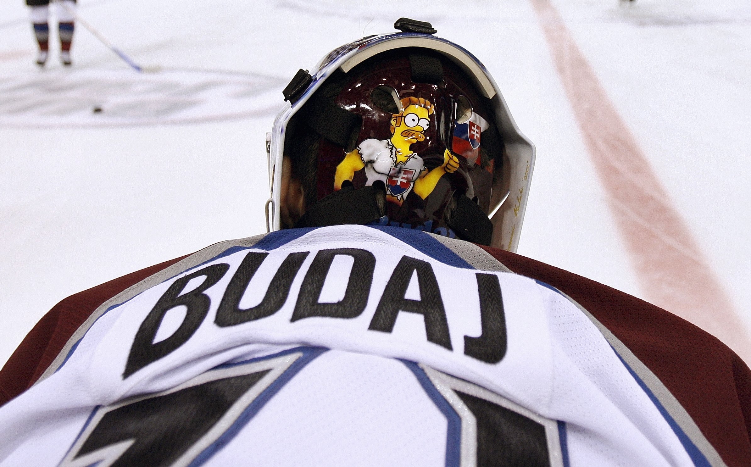 ST. LOUIS - NOVEMBER 2:  Detail of the facemask worn by goaltender Peter Budaj #31 of the Colorado Avalanche as he warms up prior to the NHL game against the St. Louis Blues on November 2, 2006 at the Scottrade Center in St. Louis, Missouri. The Blues won