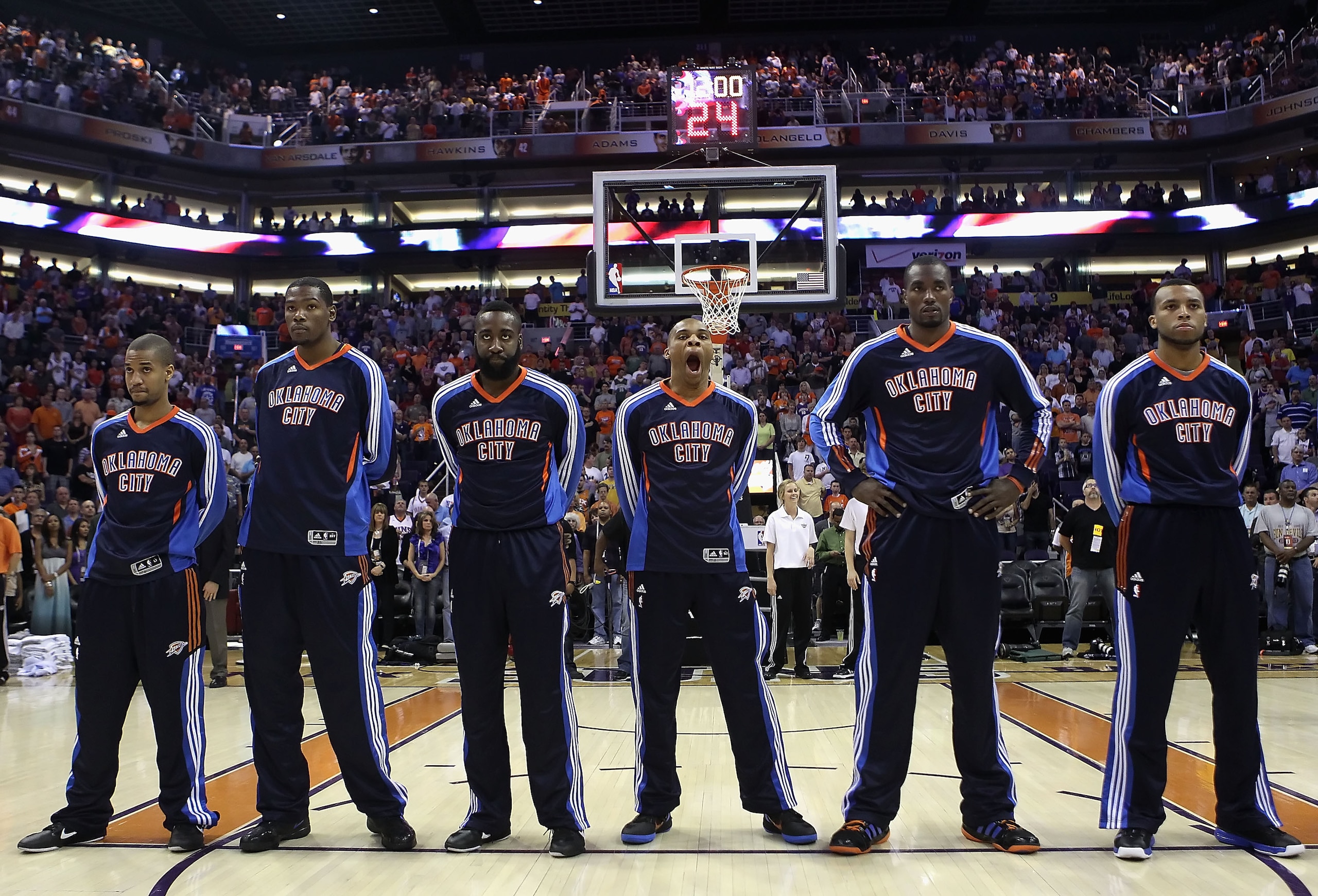 PHOENIX, AZ - MARCH 30:  The Oklahoma City Thunder stand attended before the NBA game against the Phoenix Suns at US Airways Center on March 30, 2011 in Phoenix, Arizona. The Thunder defeated the Suns 116-98.   NOTE TO USER: User expressly acknowledges an