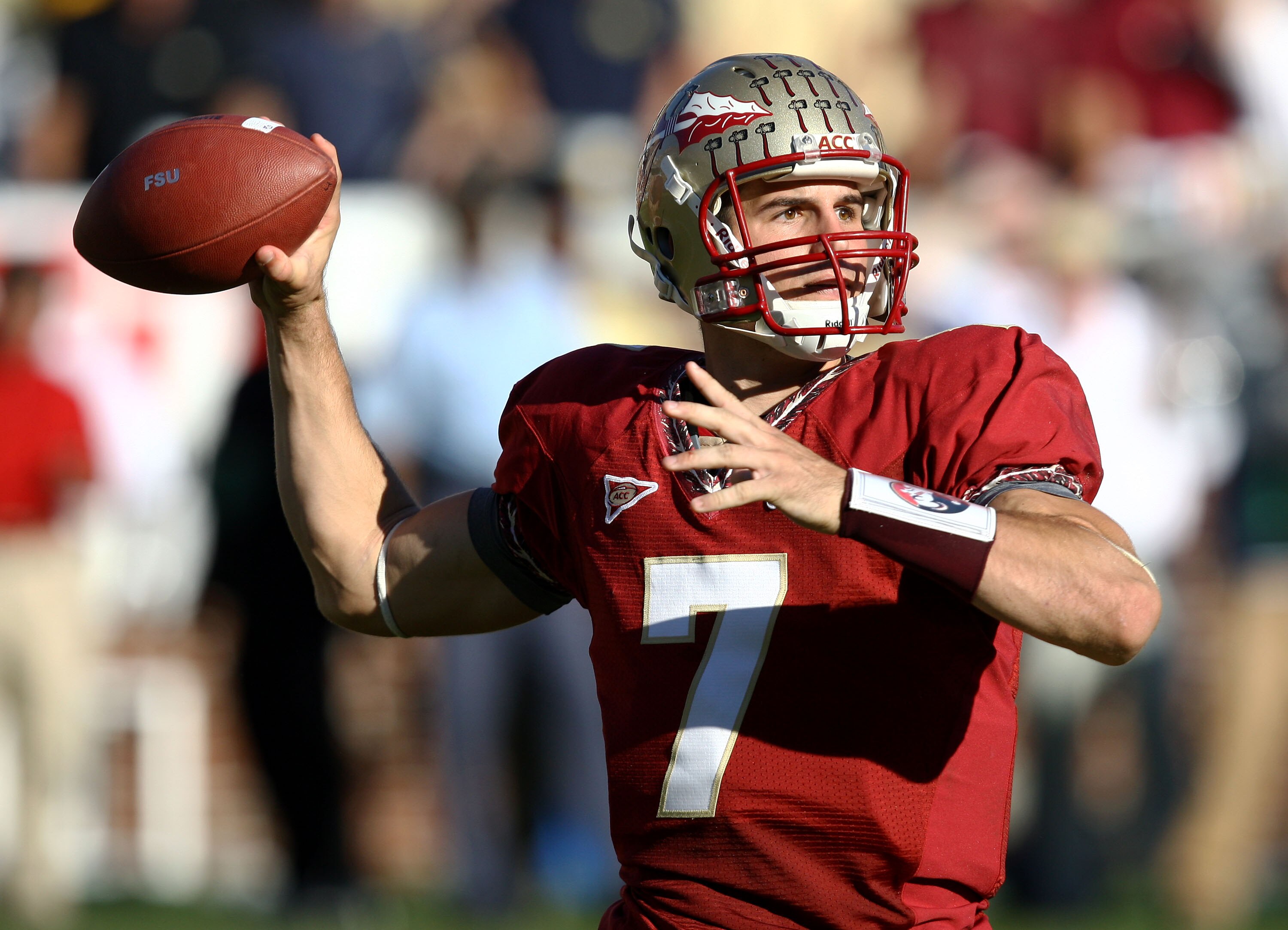 ATLANTA - NOVEMBER 1:  Quarterback Christian Ponder #7 of the Florida State Seminoles throws a pass during the game against the Georgia Tech Yellow Jackets at Bobby Dodd Stadium at Historic Grant Field on November 1, 2008 in Atlanta, Georgia.  The Yellow