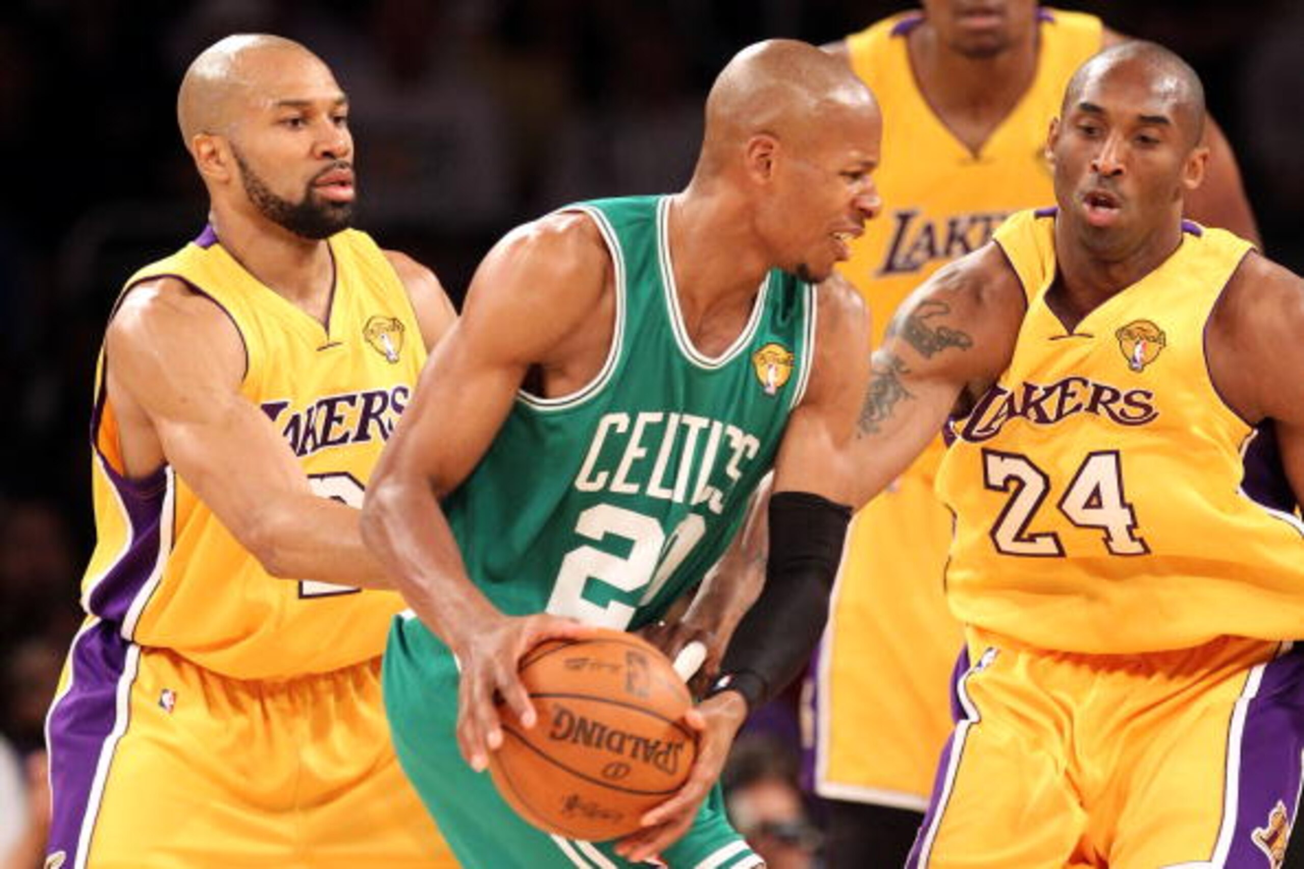 LOS ANGELES, CA - JUNE 17:  Ray Allen #20 of the Boston Celtics looks to move the ball as he is covered by Derek Fisher #2 and Kobe Bryant #24 of the Los Angeles Lakers in the first quarter of Game Seven of the 2010 NBA Finals at Staples Center on June 17