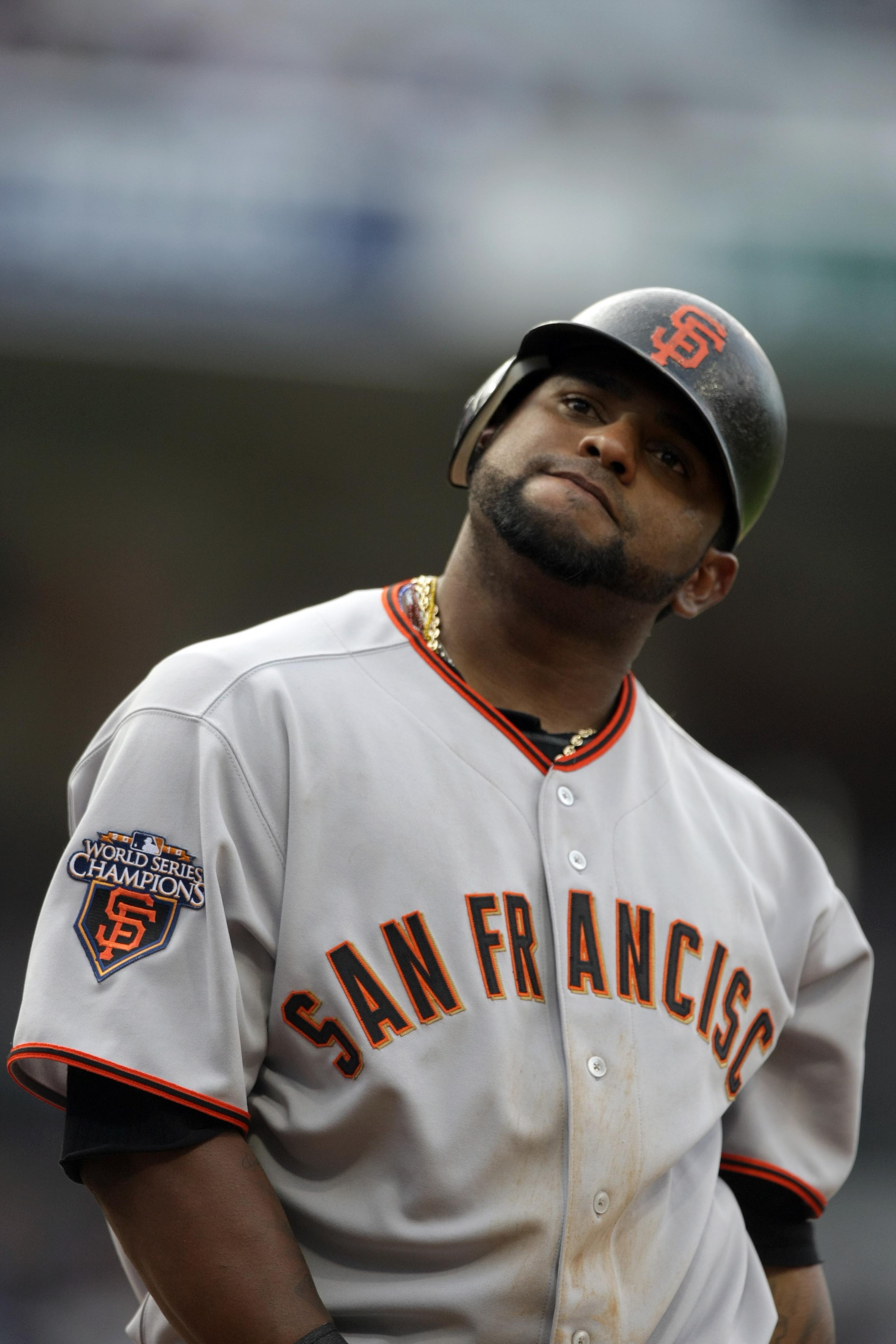 SAN DIEGO, CA - APRIL 5:  Pablo Sandoval #48 of the San Francisco Giants reacts to a strike at his final at bat against the San Diego Padres during their MLB Game at Petco Park on April 5, 2011 in San Diego, California. (Photo by Donald Miralle/Getty Imag