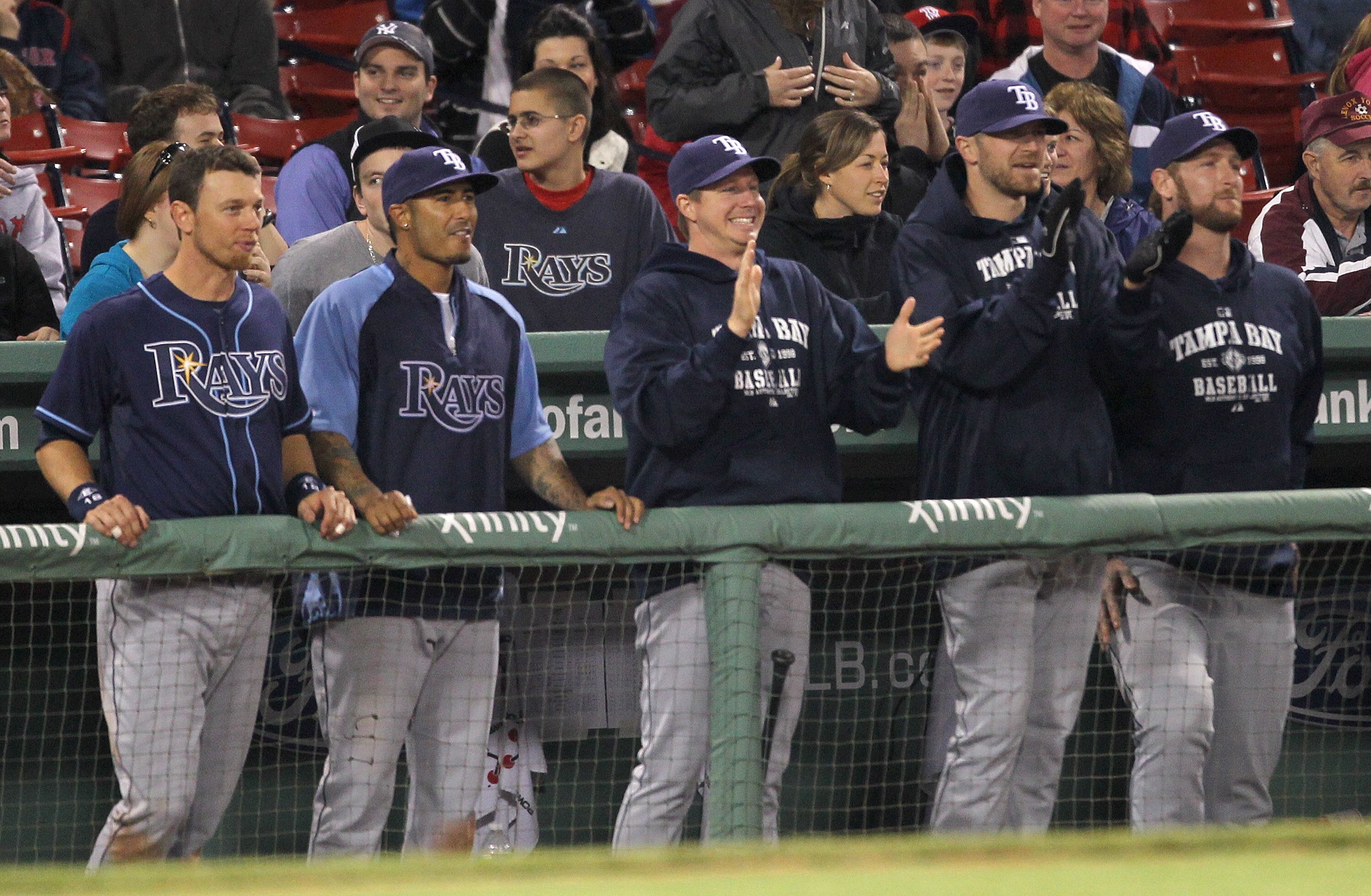 BOSTON, MA - APRIL 11:  The bench of the Tampa Bay Rays reacts during the game against the Boston Red Sox  at Fenway Park April 11, 2011 in Boston, Massachusetts. (Photo by Jim Rogash/Getty Images)