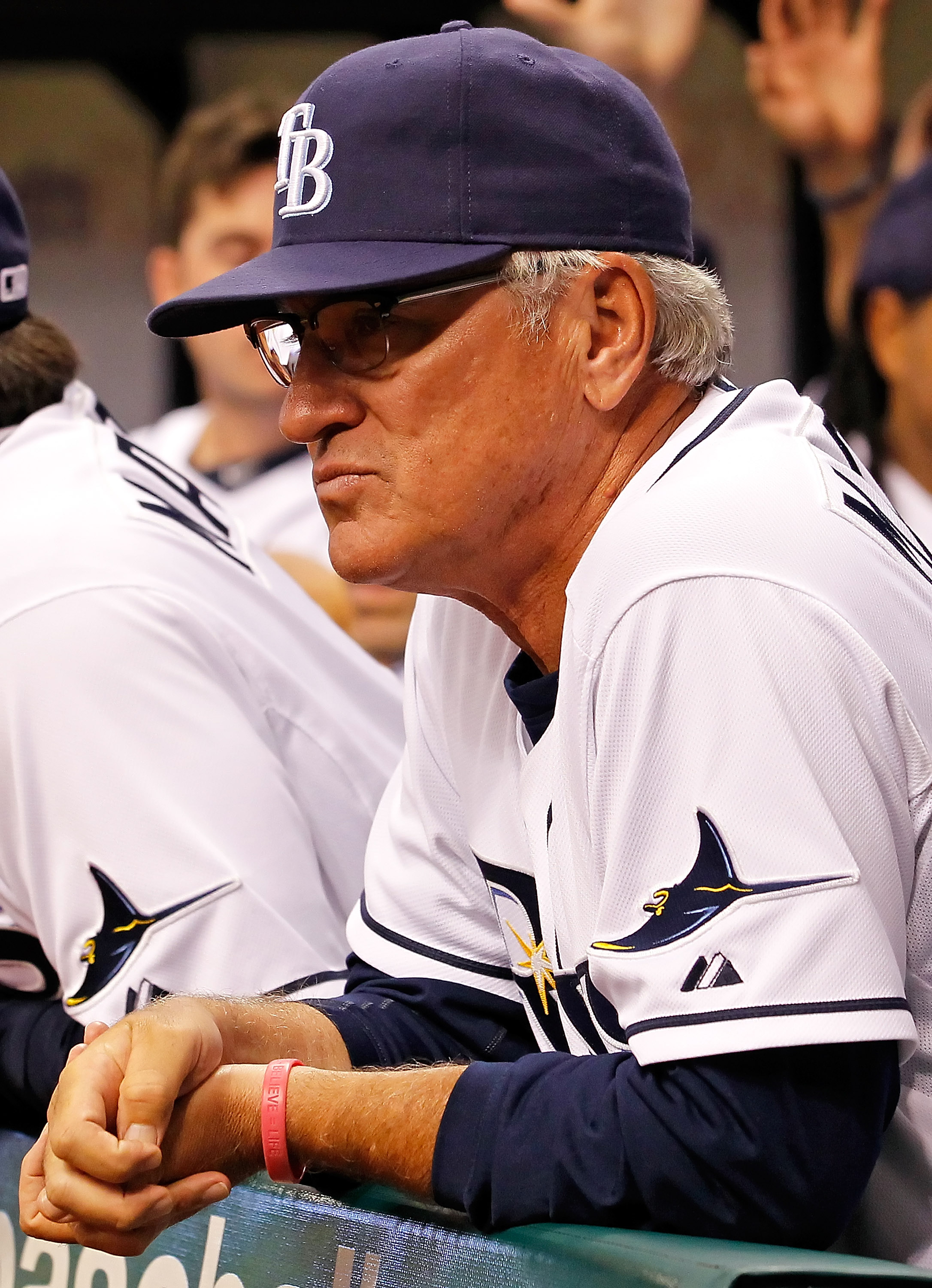 ST. PETERSBURG, FL - APRIL 05:  Manager Joe Maddon #70 of the Tampa Bay Rays watches his team play the Los Angeles Angels of Anaheim during the game at Tropicana Field on April 5, 2011 in St. Petersburg, Florida.  (Photo by J. Meric/Getty Images)