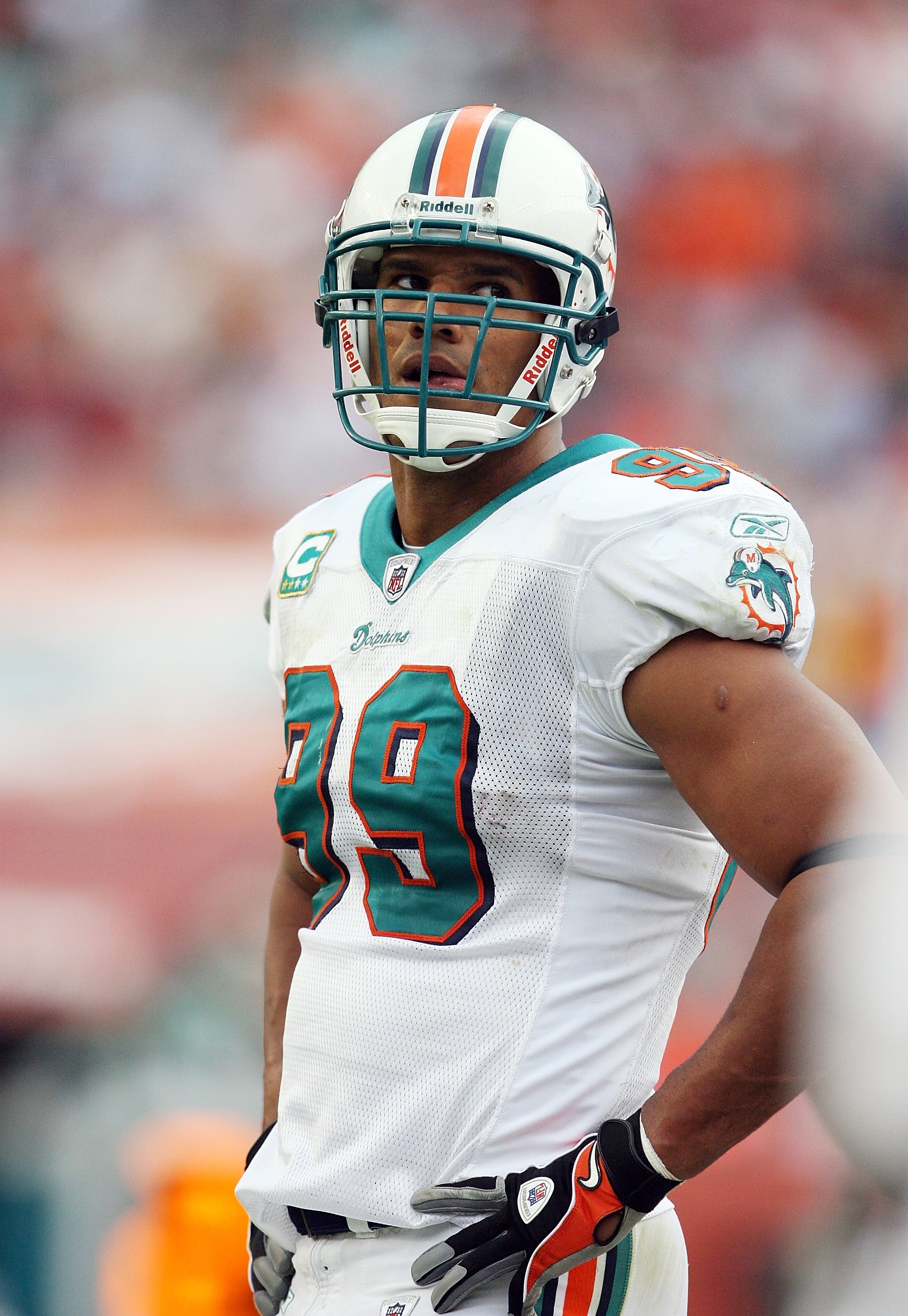 MIAMI - DECEMBER 06:  Linebacker Jason Taylor #99 of the Miami Dolphins watches from the sideline during his team's game-winning drive against the New England Patriots at Land Shark Stadium on December 6, 2009 in Miami, Florida.  (Photo by Doug Benc/Getty