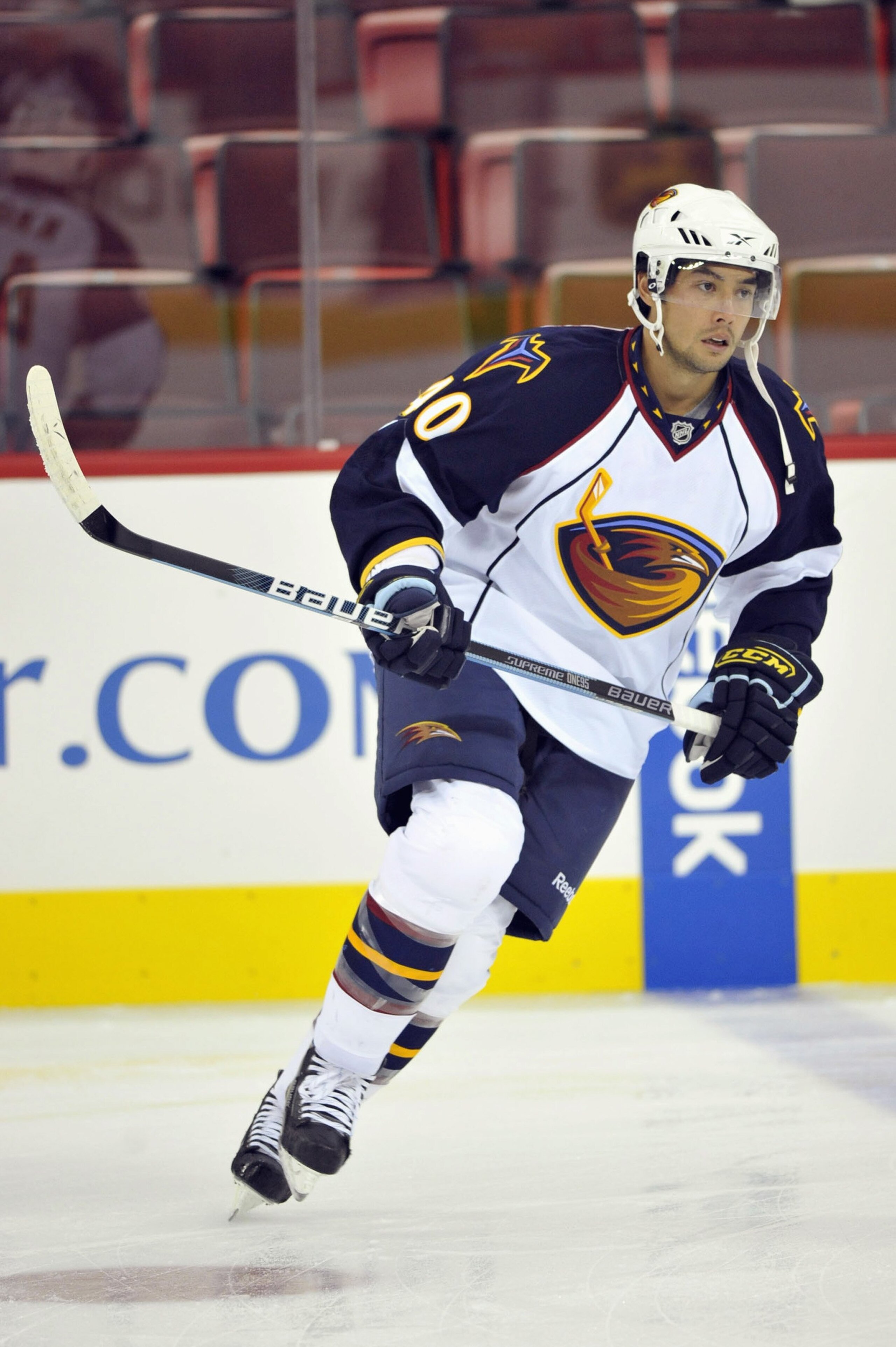 RALEIGH, NC - SEPTEMBER 25: Jason Krog #40 of the Atlanta Thrashers warms up before the NHL preseason game against the Carolina Hurricanes at the RBC Center on September 25, 2009 in Raleigh, North Carolina. The Hurricanes won 4-3. (Photo by Grant Halverso RALEIGH, NC - SEPTEMBER 25: Jason Krog #40 of the Atlanta Thrashers warms up before the NHL preseason game against the Carolina Hurricanes at the RBC Center on September 25, 2009 in Raleigh, North Carolina. The Hurricanes won 4-3. (Photo by Grant Halverso