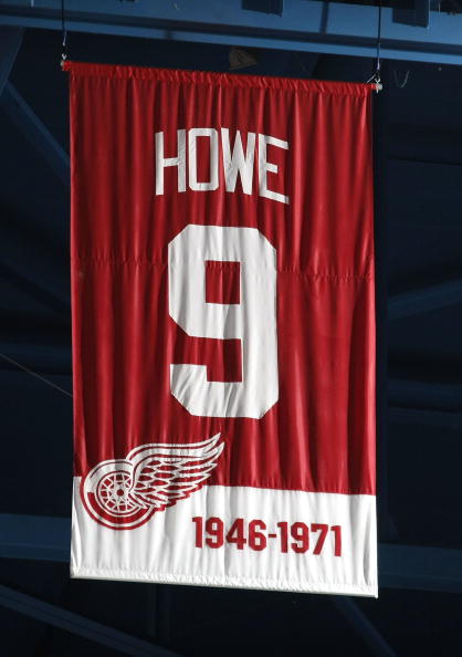 DETROIT - MARCH 11:  The jersey retirement banner for Gordie Howe #9 of the Detroit Red Wings (1946-1971) hangs in the rafters during a game against the Minnesota Wild on March 11, 2010 at Joe Louis Arena in Detroit, Michigan.  (Photo by Gregory Shamus/Ge
