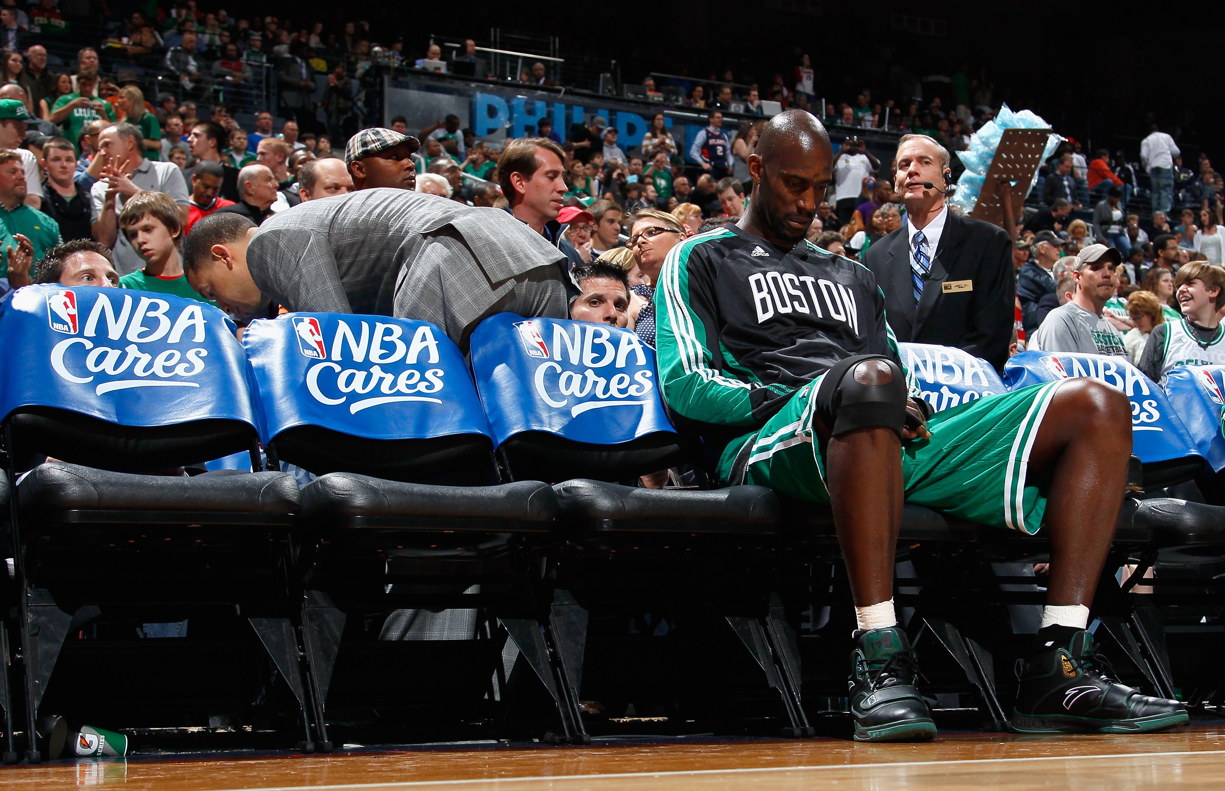 ATLANTA, GA - APRIL 01:  Kevin Garnett #5 of the Boston Celtics against the Atlanta Hawks at Philips Arena on April 1, 2011 in Atlanta, Georgia.  NOTE TO USER: User expressly acknowledges and agrees that, by downloading and/or using this Photograph, user