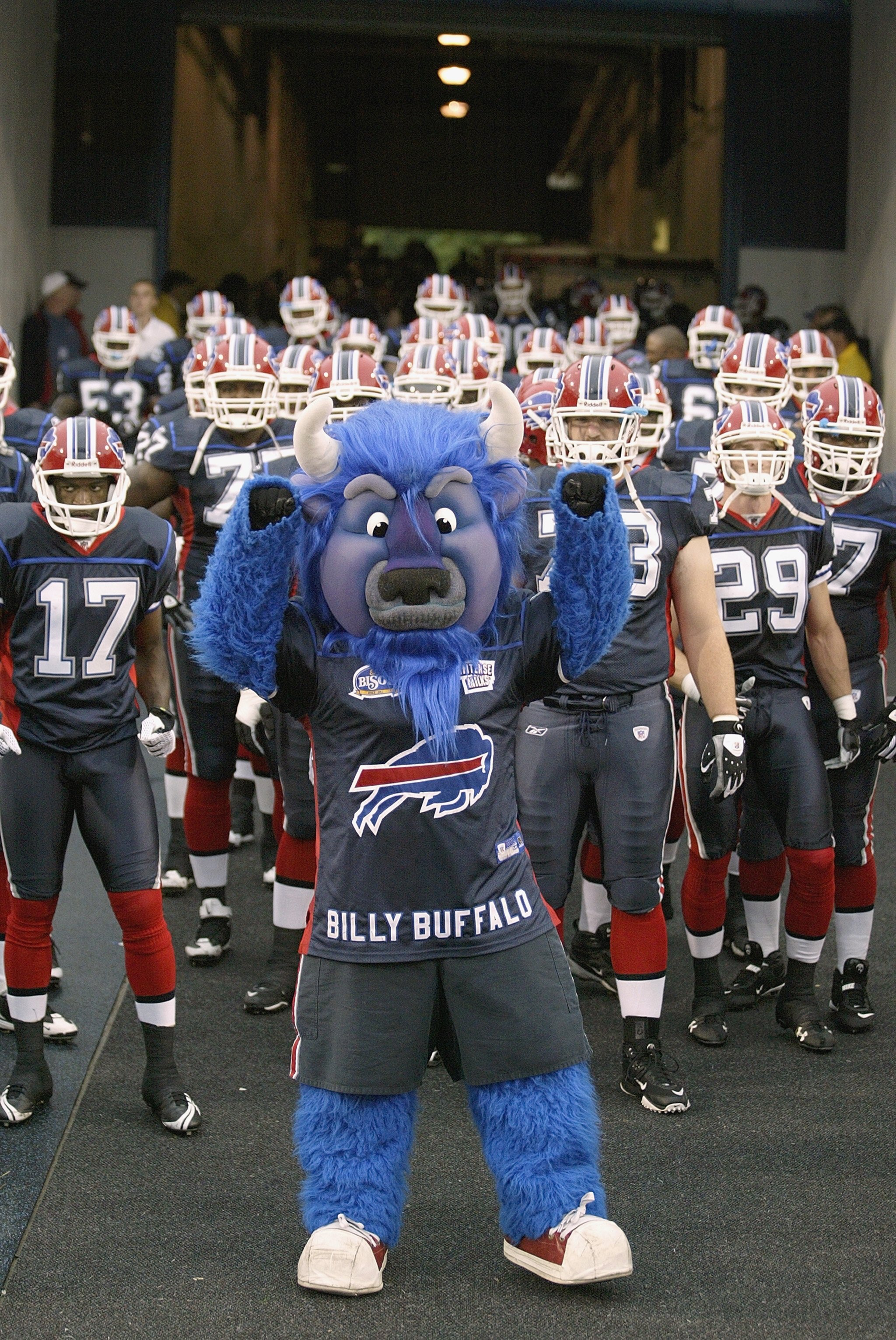 ORCHARD PARK - AUGUST 28: Buffalo Bills mascot Billy Buffalo leads the Bills onto the field prior to playing the Detroit Lions on August 28, 2008 at Ralph Wilson Stadium in Orchard Park, New York. (Photo by Rick Stewart/Getty Images)