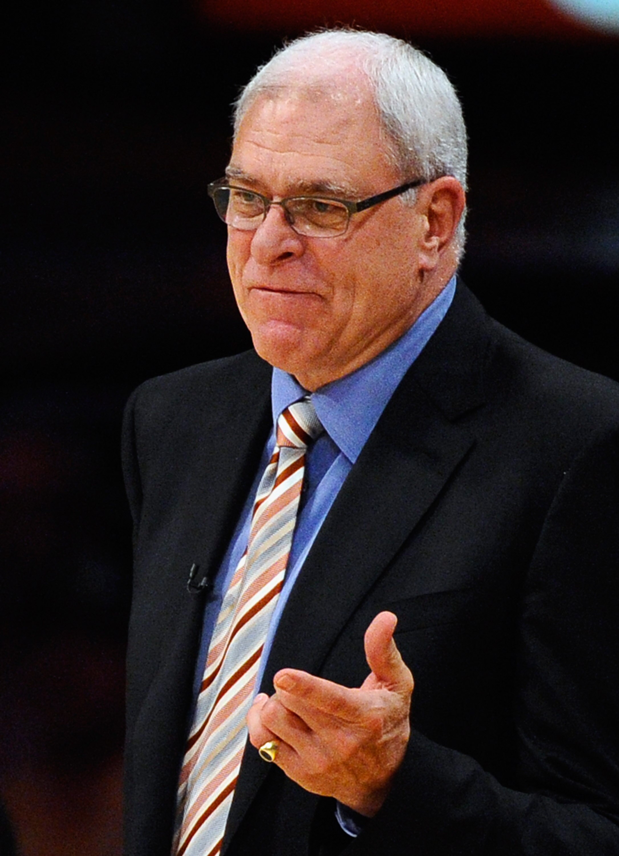 LOS ANGELES, CA - APRIL 03:  Coach Phil Jackson of the Los Angeles Lakers argues a call by referee Ron Garretson during the game against Denver Nuggets at Staples Center on April 3, 2011 in Los Angeles, California. NOTE TO USER: User expressly acknowledge