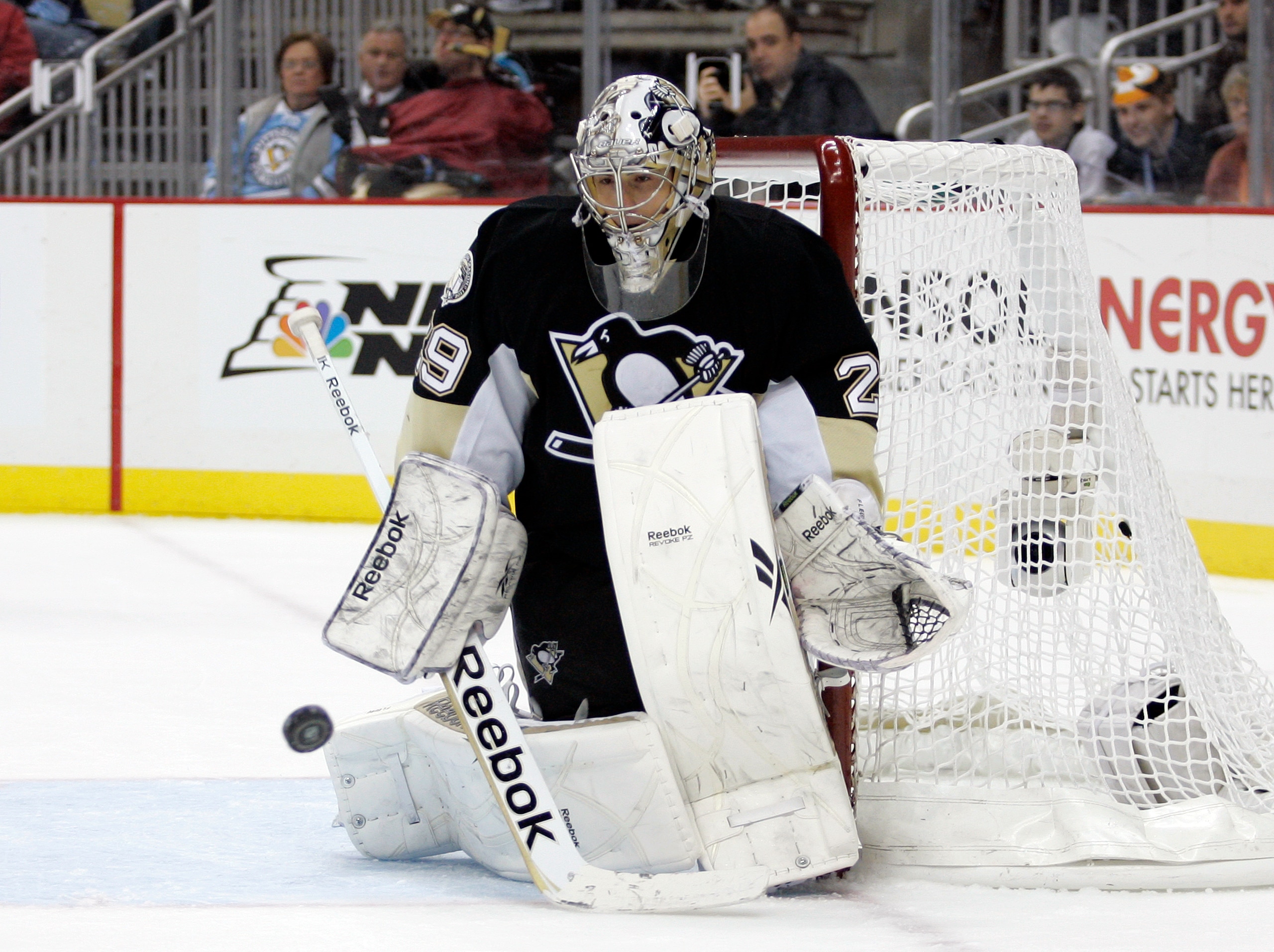 PITTSBURGH, PA - MARCH 20:  Marc-Andre Fleury #29 of the Pittsburgh Penguins makes a save against the New York Rangers at Consol Energy Center on March 20, 2011 in Pittsburgh, Pennsylvania.  (Photo by Justin K. Aller/Getty Images)