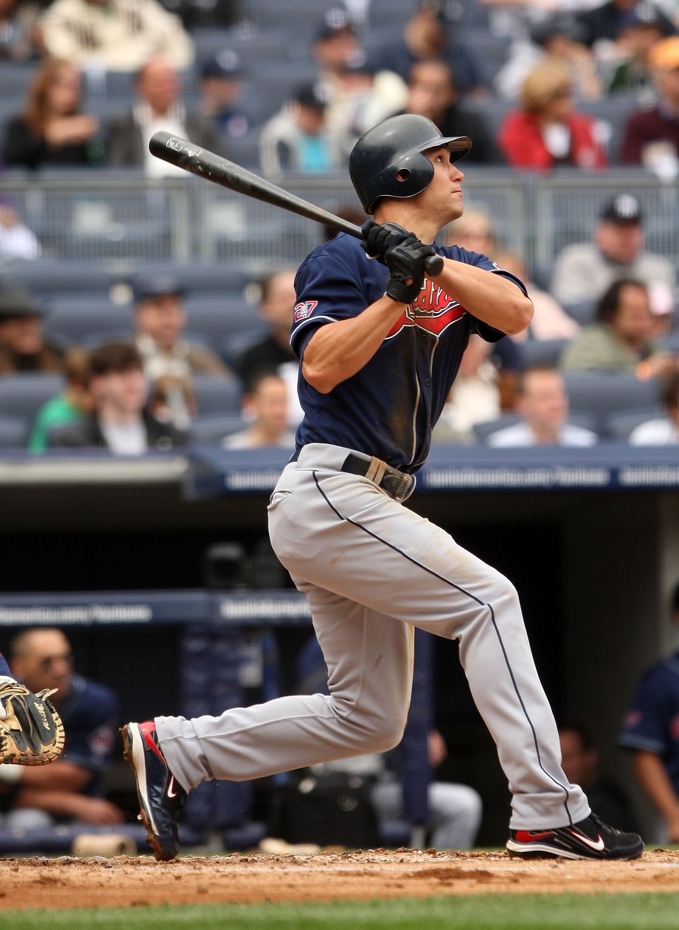 NEW YORK - APRIL 19:  Grady Sizemore #24 of the Cleveland Indians bats against the New York Yankees at Yankee Stadium on April 19, 2009 in the Bronx borough of New York City.  (Photo by Ezra Shaw/Getty Images)