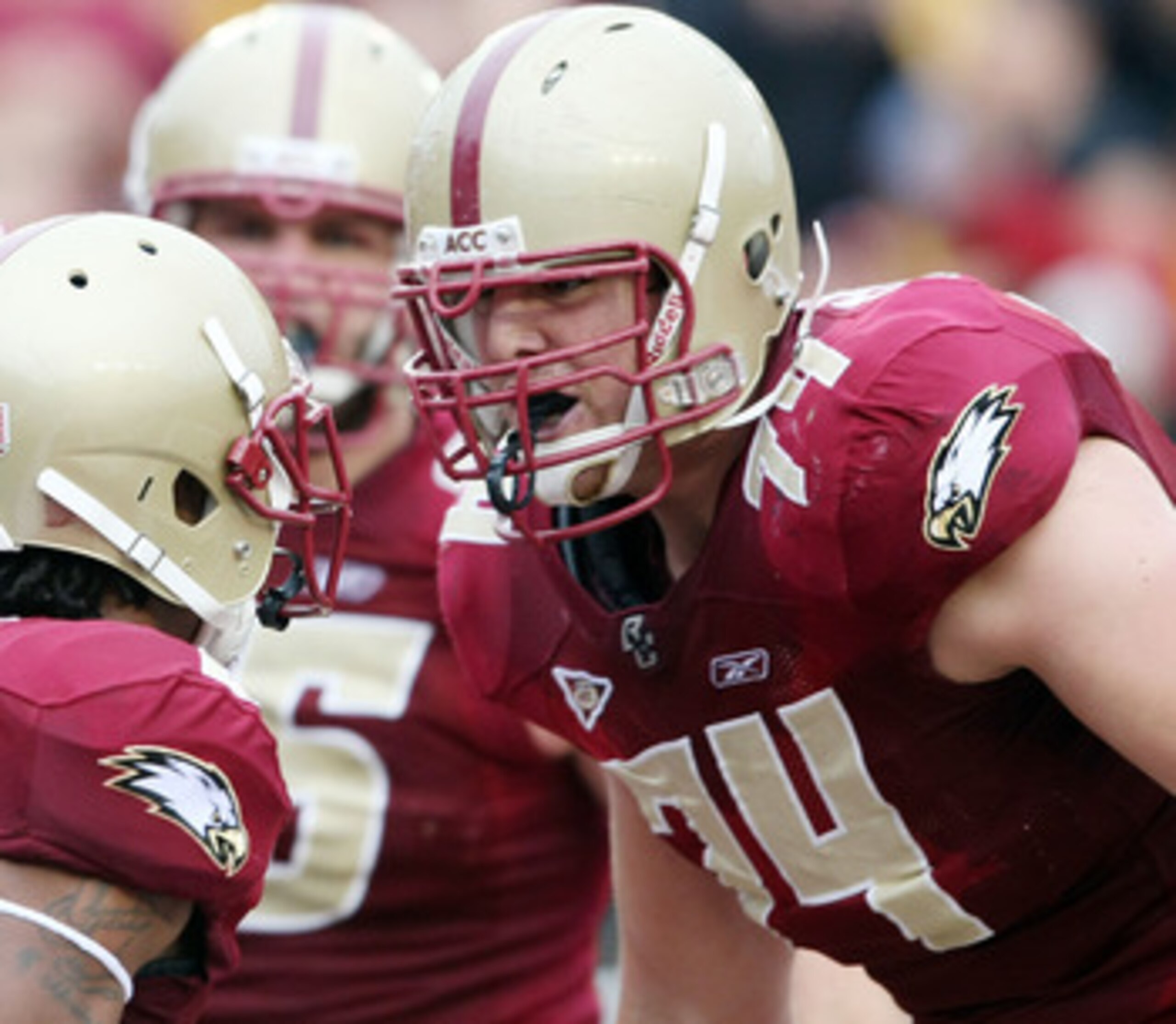 CHESTNUT HILL, MA - OCTOBER 03:  Anthony Castonzo #74 of the Boston College Eagles congratulates teammate Montel Harris #2 after Harris scored a touchdown in the first quarter against the Florida State Seminoles on October 3, 2009 at Alumni Stadium in Che
