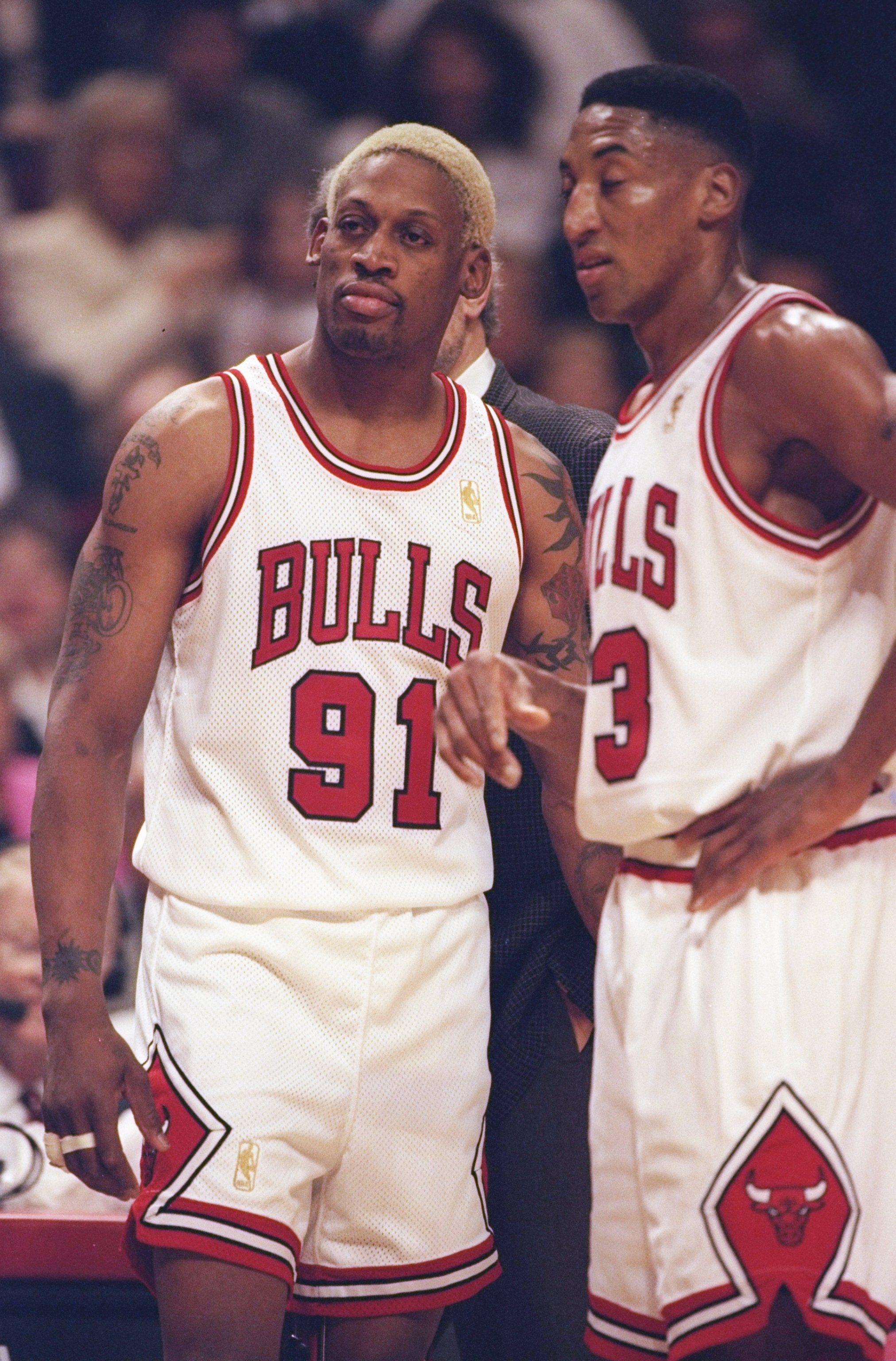 24 Apr 1997:  Forward Dennis Rodman and forward Scottie Pippen of the Chicago Bulls speak to each other during a playoff game against the Washington Bullets at the United Center in Chicago, Illinois.  The Bulls won the game 98-86. Mandatory Credit: Jonath