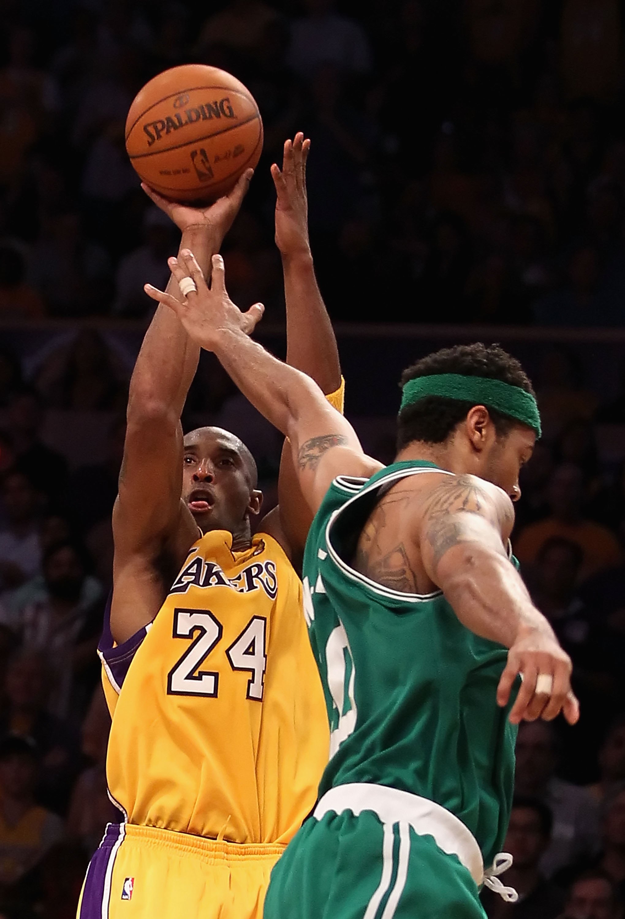 LOS ANGELES, CA - JUNE 17:  Kobe Bryant #24 of the Los Angeles Lakers goes up for a shot over Rasheed Wallace #30 of the Boston Celtics in Game Seven of the 2010 NBA Finals at Staples Center on June 17, 2010 in Los Angeles, California.  NOTE TO USER: User