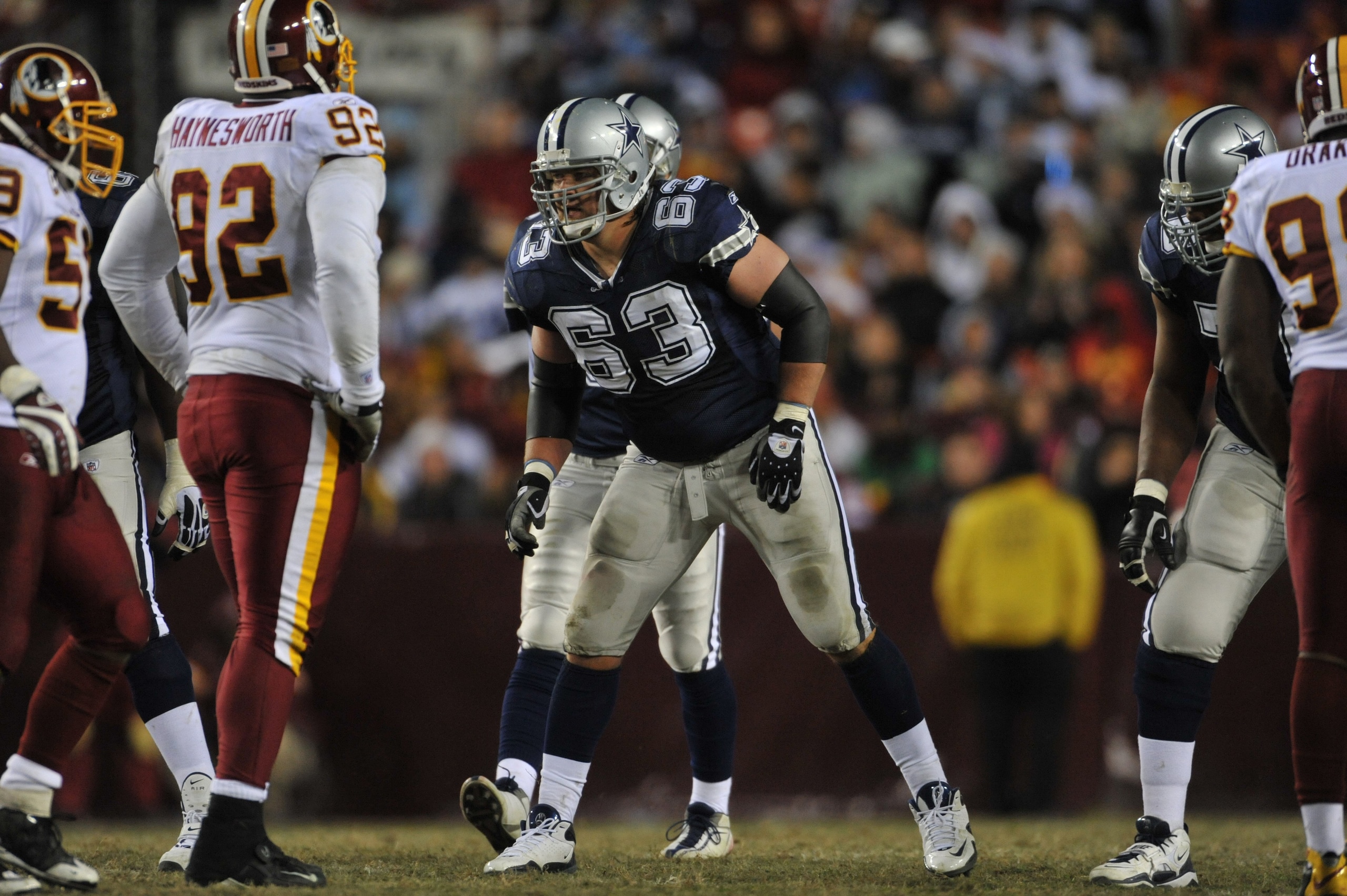 LANDOVER, MD - DECEMBER 27:  Kyle Kosier #63 of the Dallas Cowboys defends against the Washington Redskins at FedExField on December 27, 2009 in Landover, Maryland. The Cowboys defeated the Redskins 17-0. (Photo by Larry French/Getty Images)