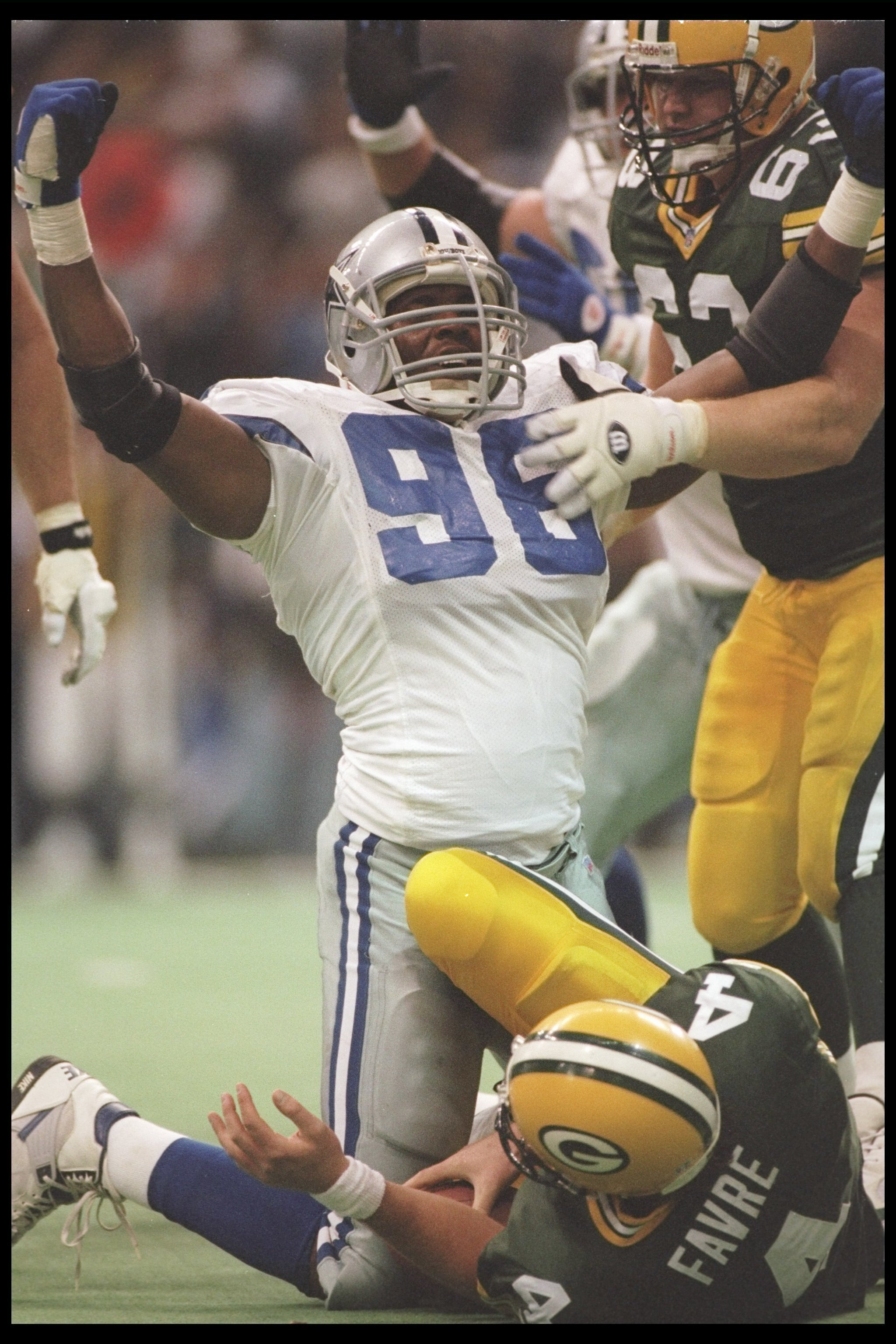 14 Jan 1996:  Defensive lineman Shante Carver of the Dallas Cowboys celebrates during a playoff game against the Green Bay Packers at Texas Stadium in Irving, Texas.  The Cowboys won the game, 38-27. Mandatory Credit: Otto Greule Jr.  /Allsport