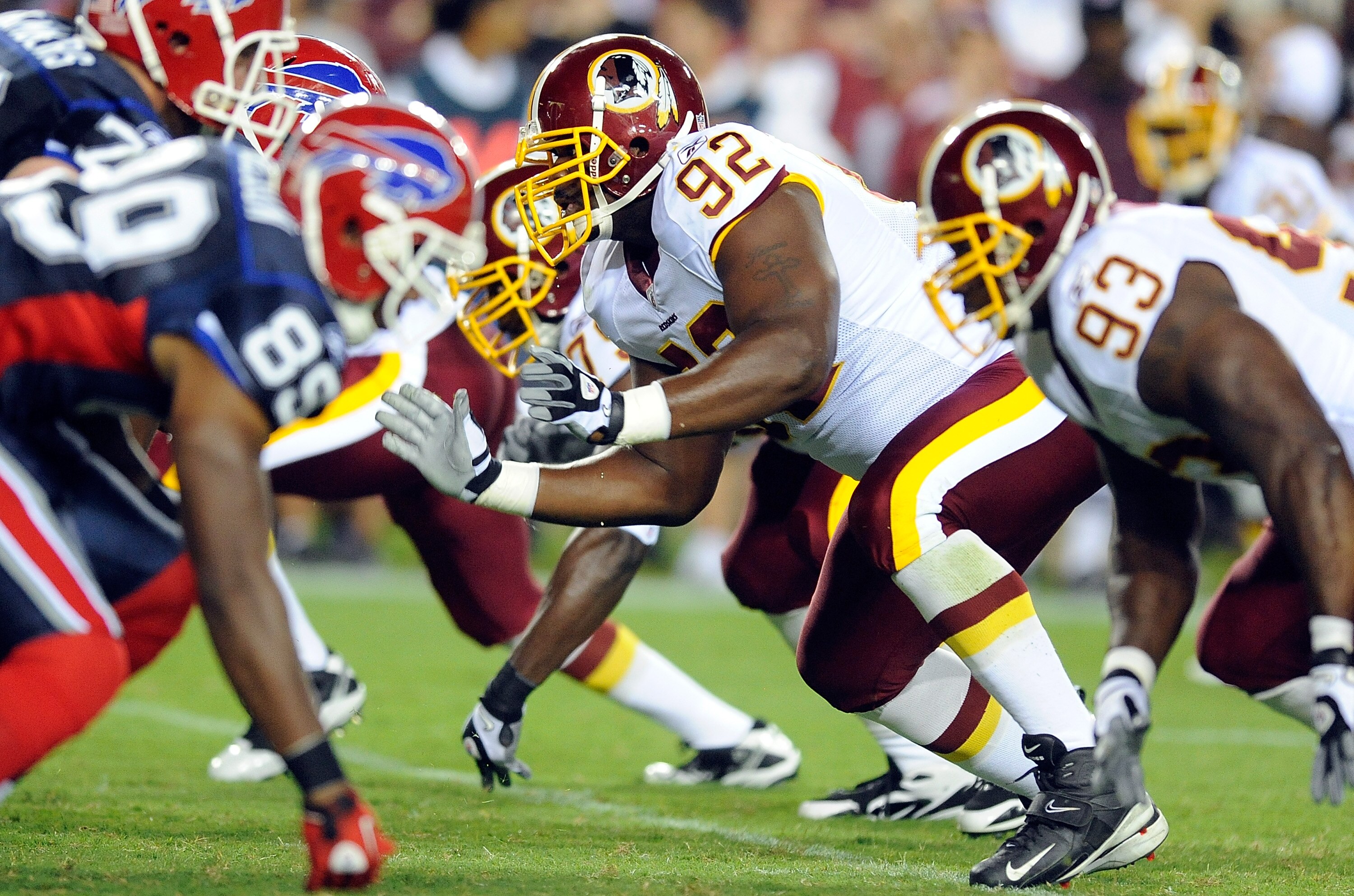 LANDOVER, MD - AUGUST 13:  Albert Haynesworth #92 of the Washington Redskins plays defense during the preseason game against the Buffalo Bills at FedEx Field on August 13, 2010 in Landover, Maryland.  (Photo by Greg Fiume/Getty Images)