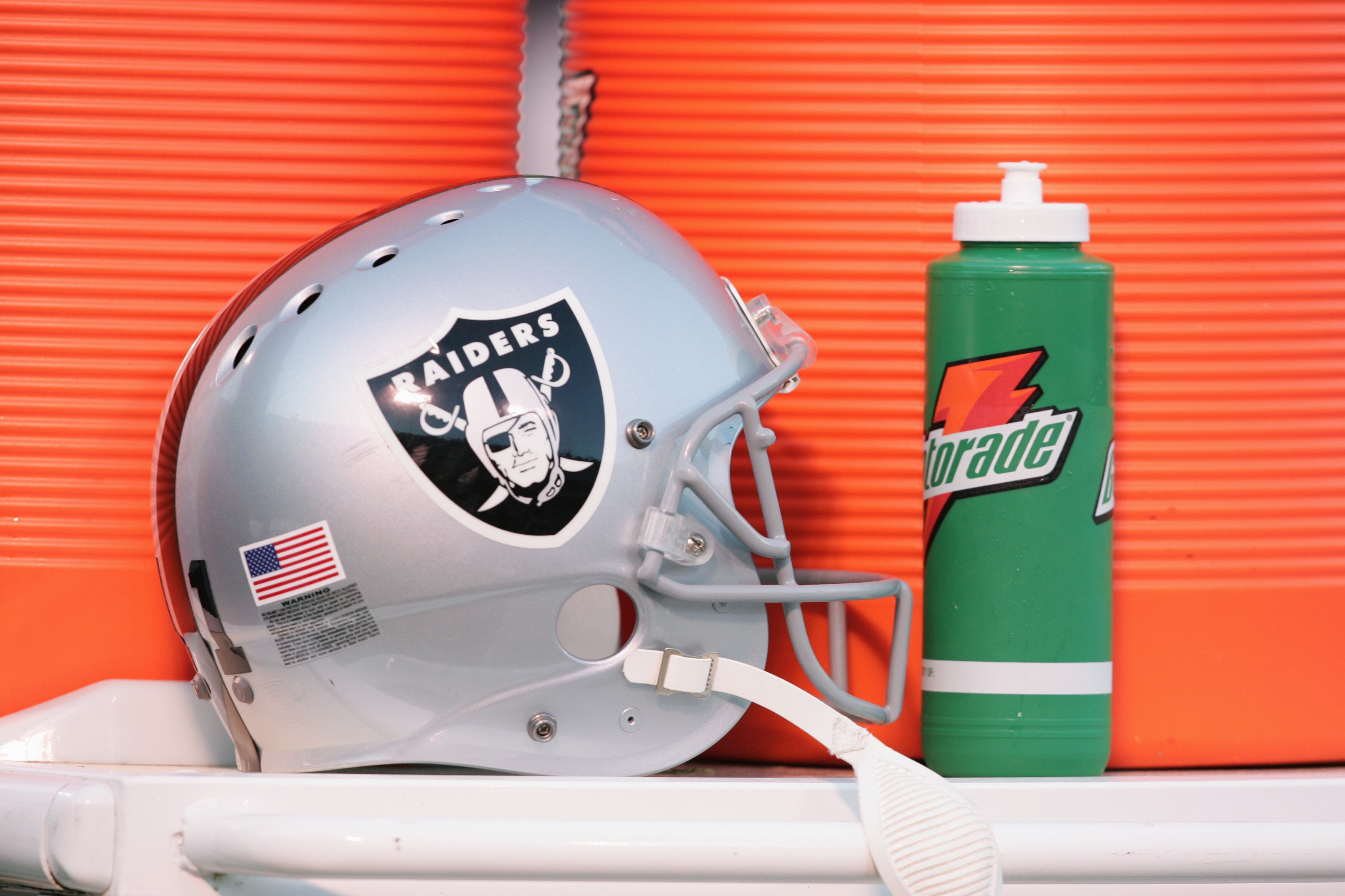 OAKLAND - DECEMBER 19:  A view of an Oakland Raiders helmet at the game against the Tennessee Titans on December 19, 2004 at Network Associates Colesium in Oakland, California.  (Photo by Lisa Blumenfeld/Getty Images)