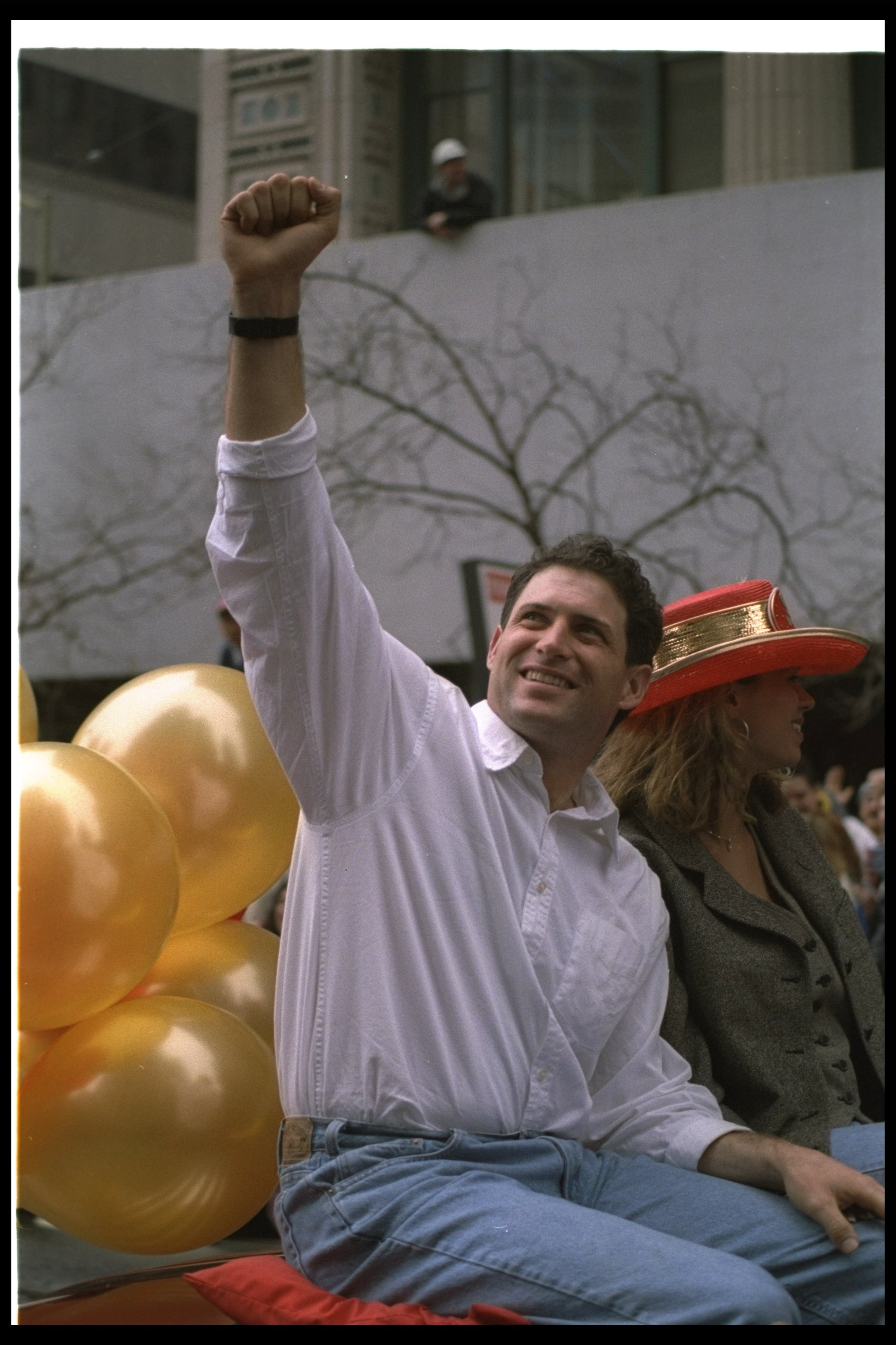30 Jan 1995:  Quarterback Steve Young of the San Francisco 49ers points during a parade after winning Super Bowl XXIX in San Francisco , California. Mandatory Credit: Otto Greule Jr.  /Allsport