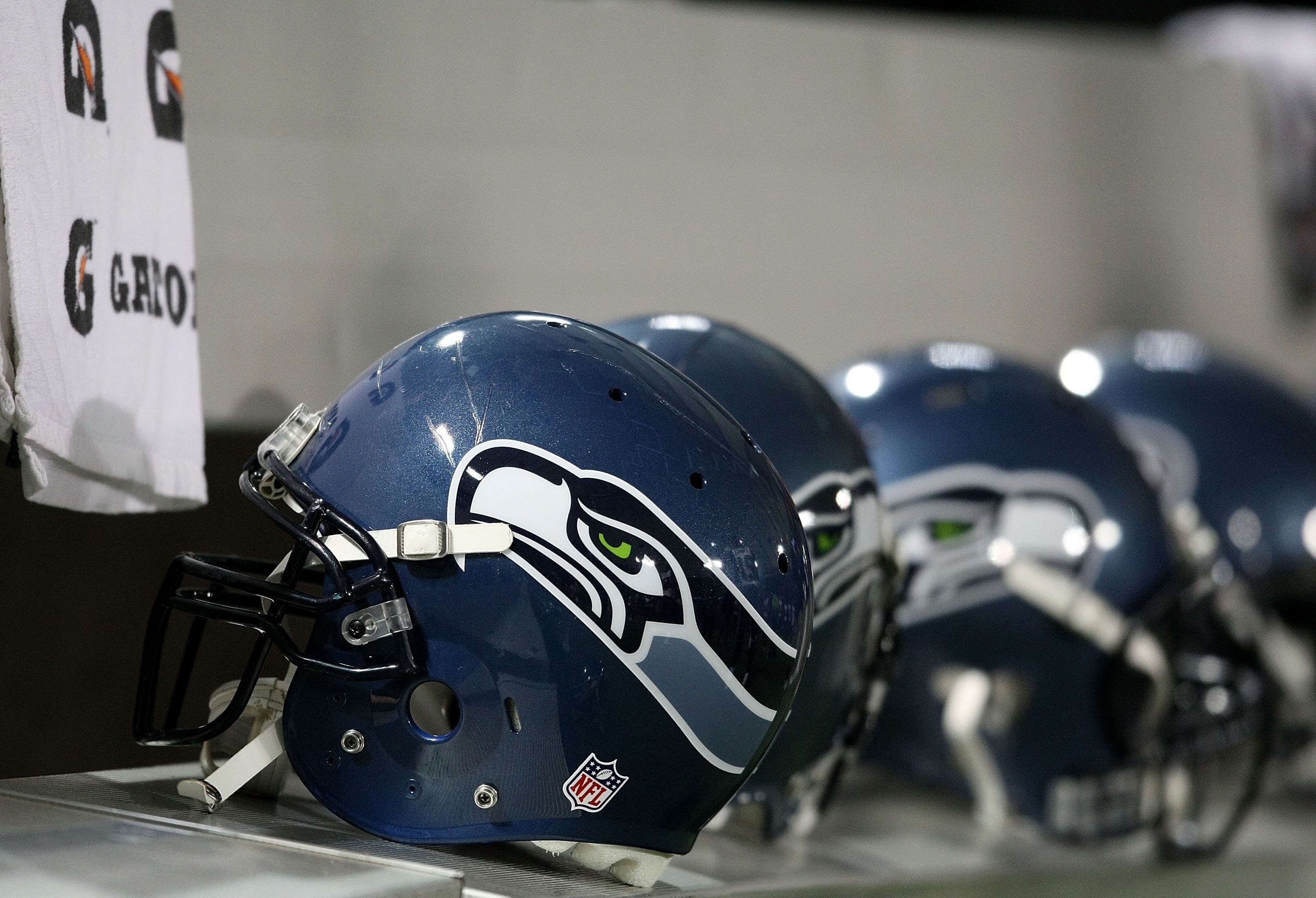 MINNEAPOLIS - NOVEMBER 22:  Seattle Seahawks helmets sit on the bench against the Minnesota Vikings at Hubert H. Humphrey Metrodome on November 22, 2009 in Minneapolis, Minnesota.  (Photo by Nick Laham/Getty Images)