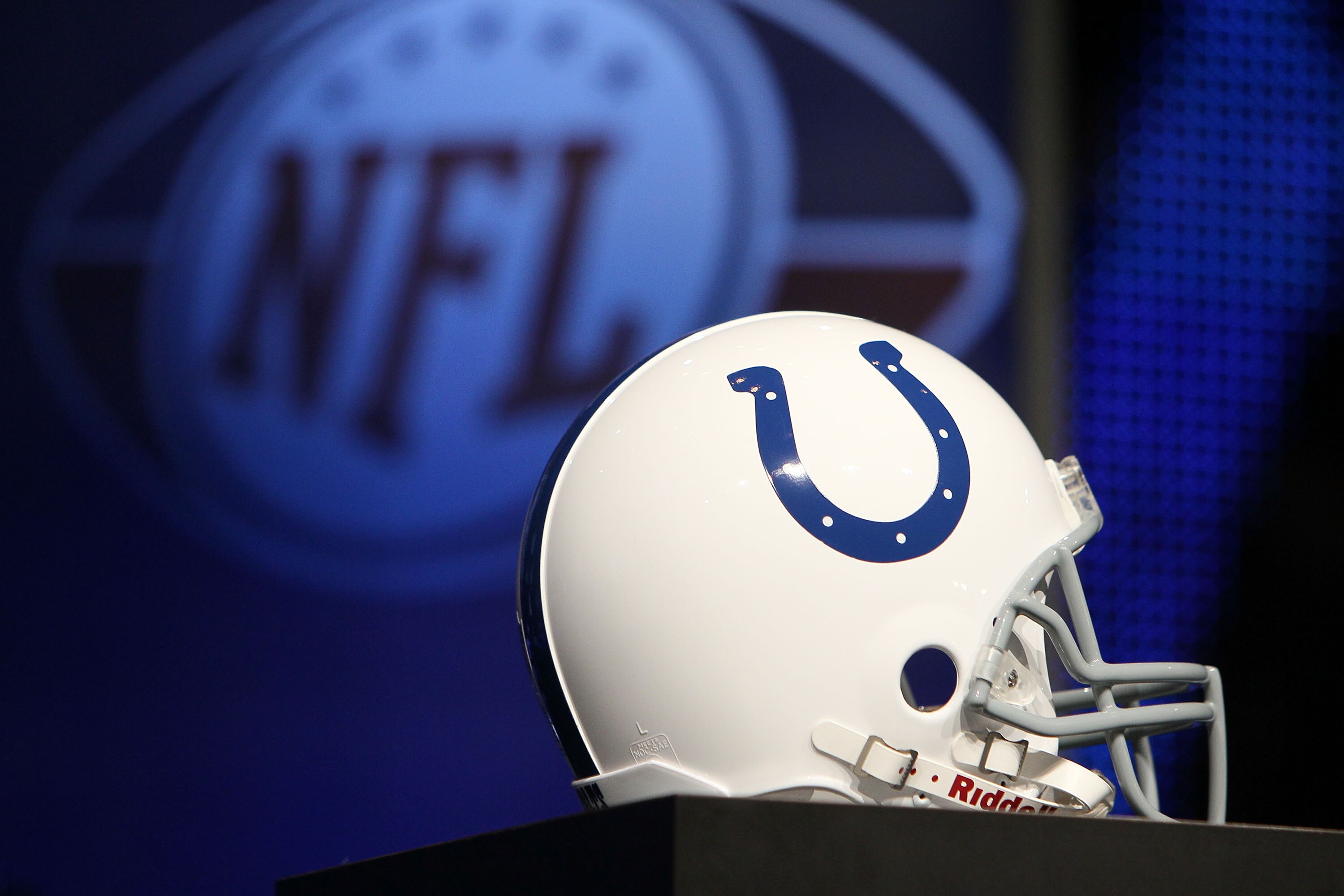 FORT LAUDERDALE, FL - FEBRUARY 05:  An Indianapolis Colts helmet is seen during the AFC Head Coach Press Conference held at the Greater Ft. Lauderdale/Broward County Convention Center as part of media week for Super Bowl XLIV on February 5, 2010 in Fort L
