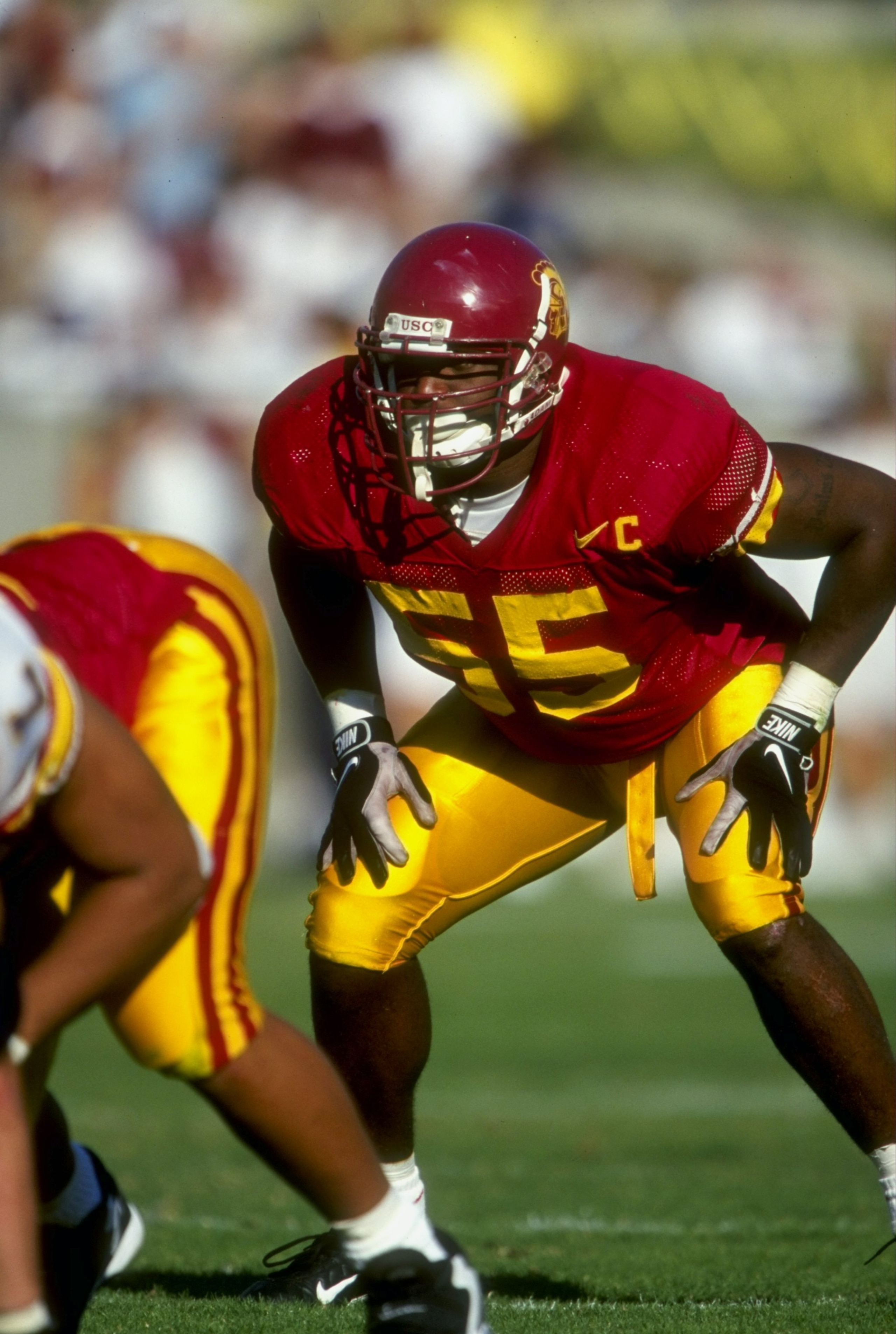 31 Oct 1998: Linebacker Chris Claiborne #55 of the USC Trojans in action during the game against the Washington Huskies at the Los Angeles Memorial Coliseum in Los Angeles, California. The Trojans defeated the Huskies 33-10.
