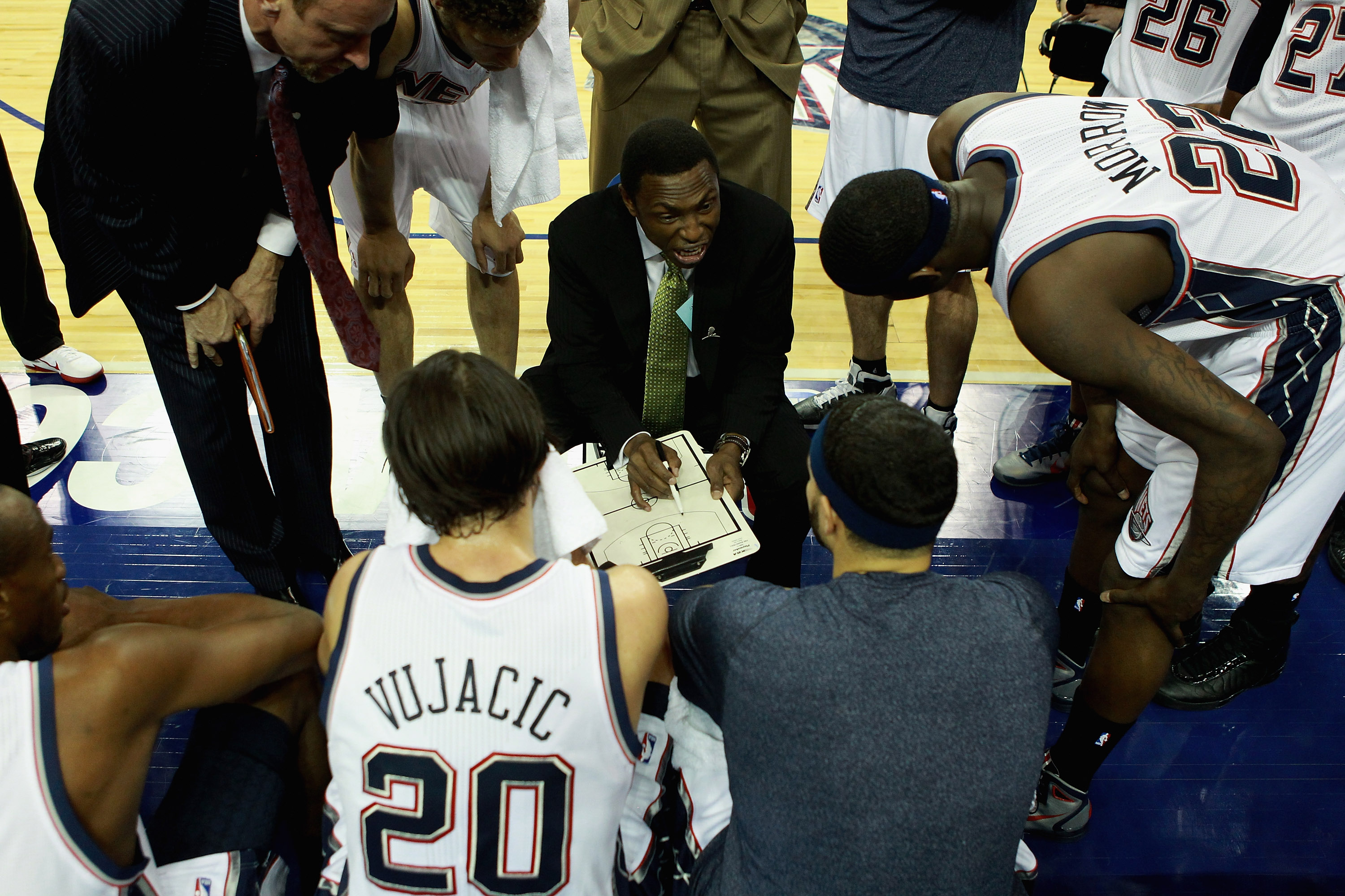 LONDON, ENGLAND - MARCH 04:  Head Coach, Avery Johnson speaks with his players during the NBA match between New Jersey Nets and the Toronto Raptors at the O2 Arena on March 4, 2011 in London, England. NOTE TO USER: User expressly acknowledges and agrees t
