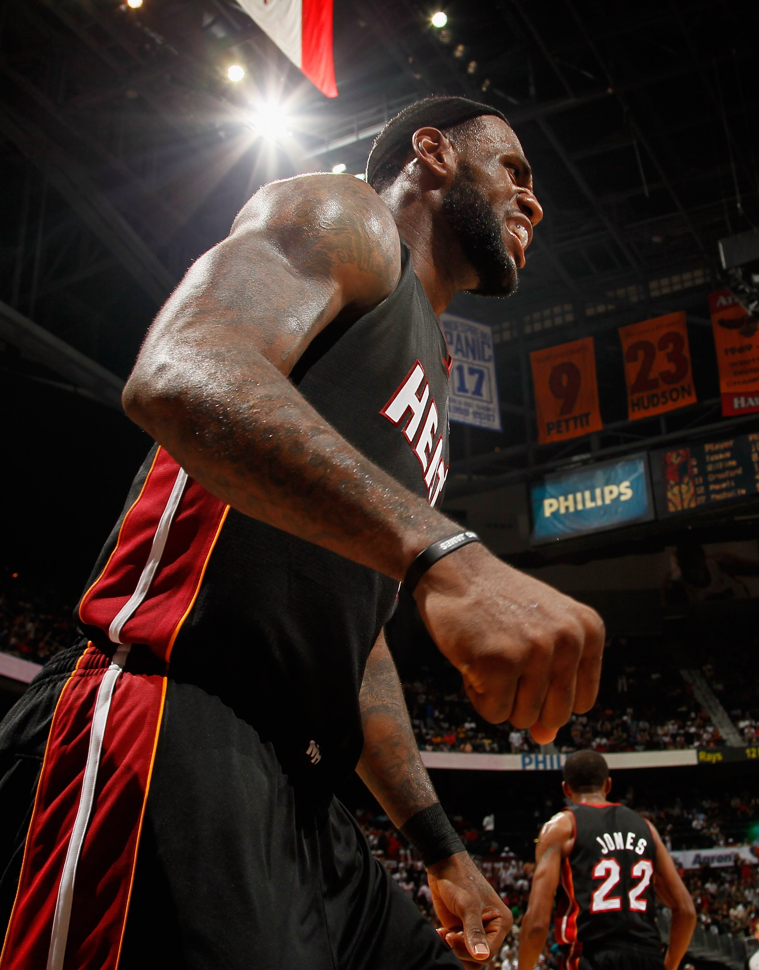 ATLANTA, GA - APRIL 11:  LeBron James #6 of the Miami Heat reacts after a charge was given to the Atlanta Hawks at Philips Arena on April 11, 2011 in Atlanta, Georgia.  NOTE TO USER: User expressly acknowledges and agrees that, by downloading and/or using