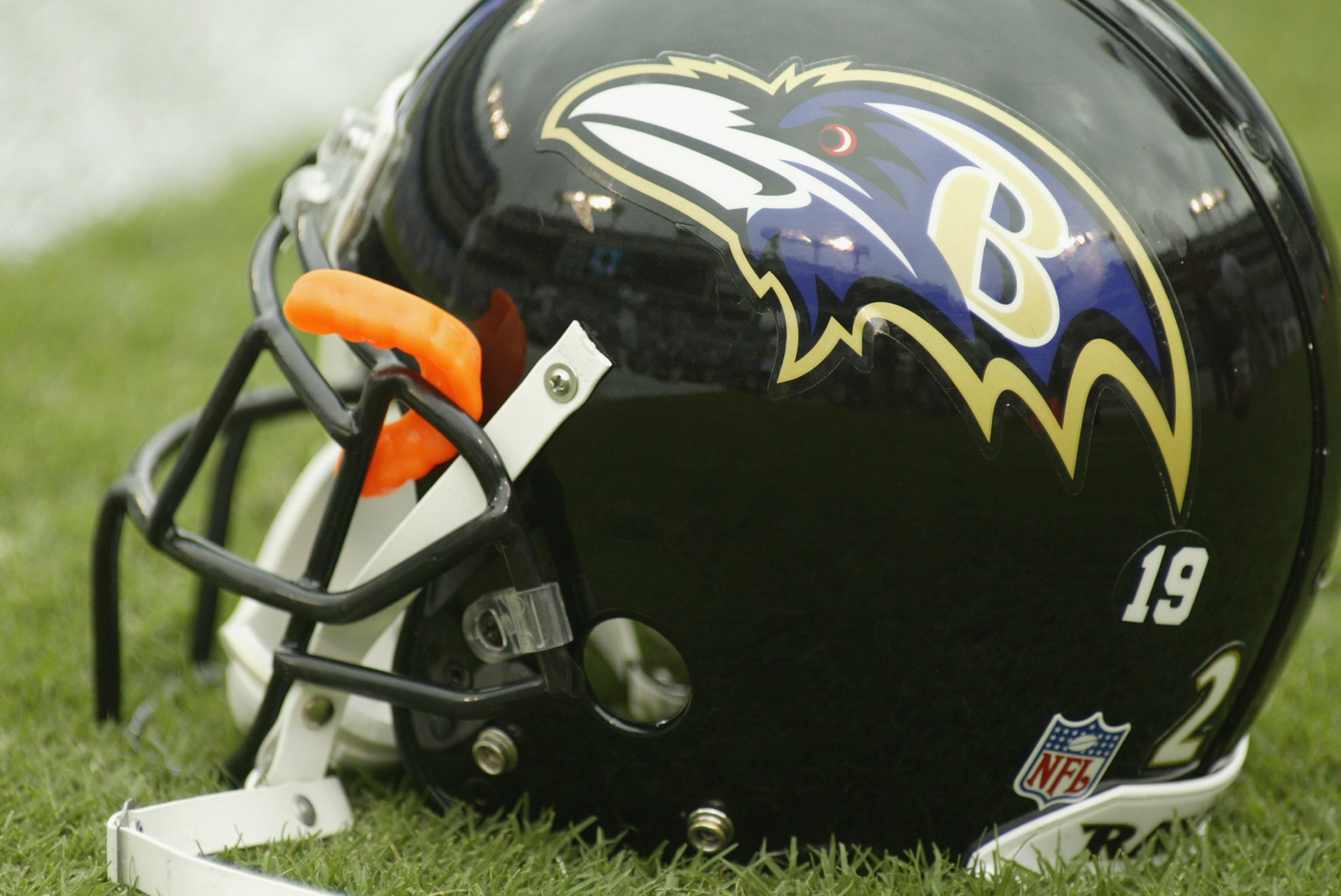 BALTIMORE - SEPTEMBER  15:  Detail of the helmet of the Baltimore Ravens before the NFL game against the Tampa Bay Buccaneers on September 15, 2002 at Ravens Stadium in Baltimore, Maryland. The Buccaneers shut out the Ravens 25-0.  (Photo By Scott Hallera