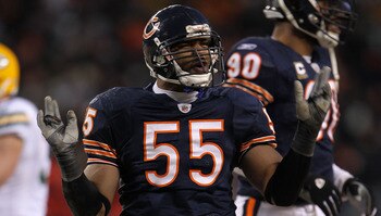 CHICAGO, IL - JANUARY 23:  Lance Briggs #55 of the Chicago Bears reacts while taking on the Green Bay Packers in the NFC Championship Game at Soldier Field on January 23, 2011 in Chicago, Illinois.  (Photo by Jamie Squire/Getty Images)
