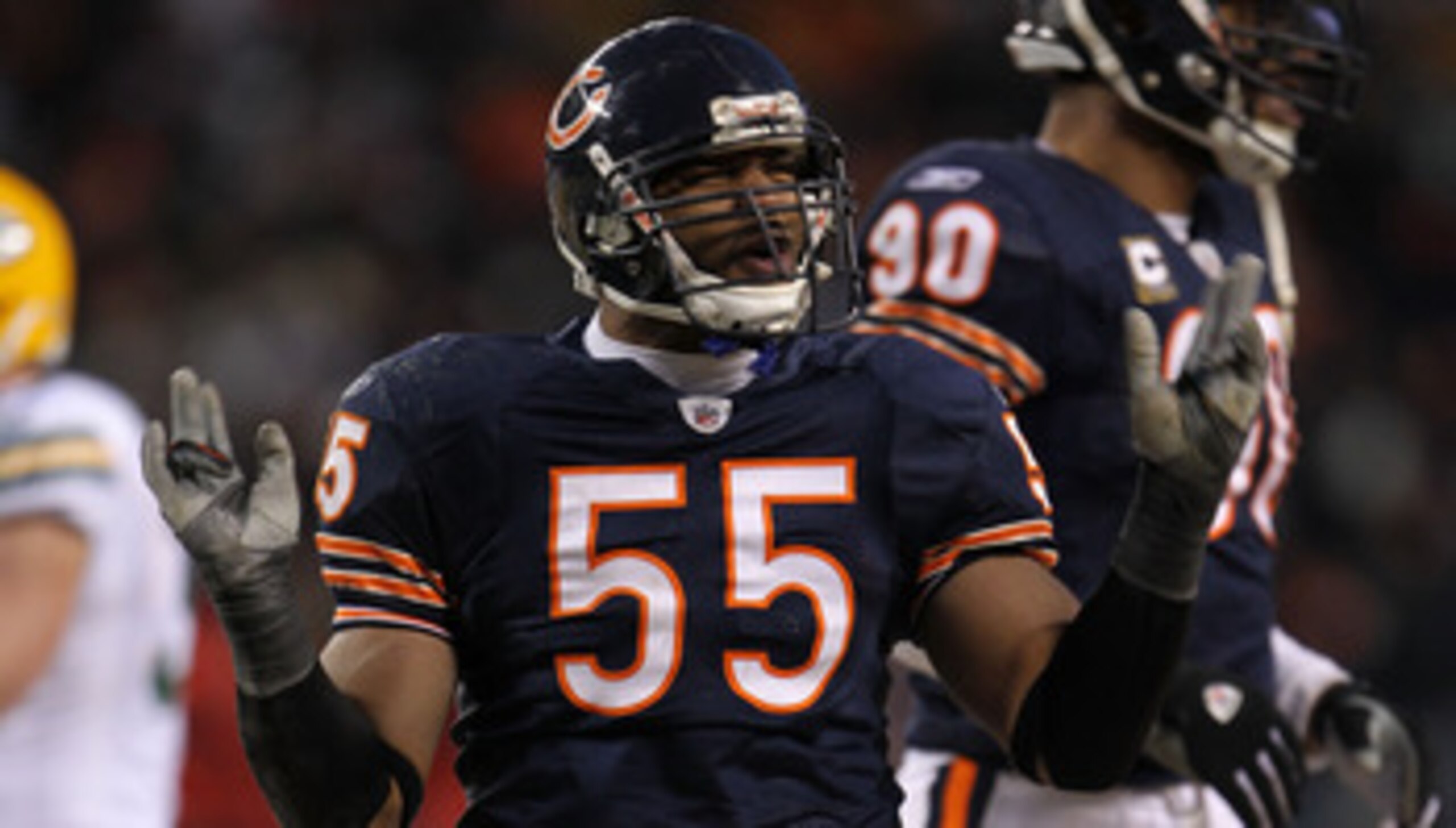 CHICAGO, IL - JANUARY 23:  Lance Briggs #55 of the Chicago Bears reacts while taking on the Green Bay Packers in the NFC Championship Game at Soldier Field on January 23, 2011 in Chicago, Illinois.  (Photo by Jamie Squire/Getty Images)