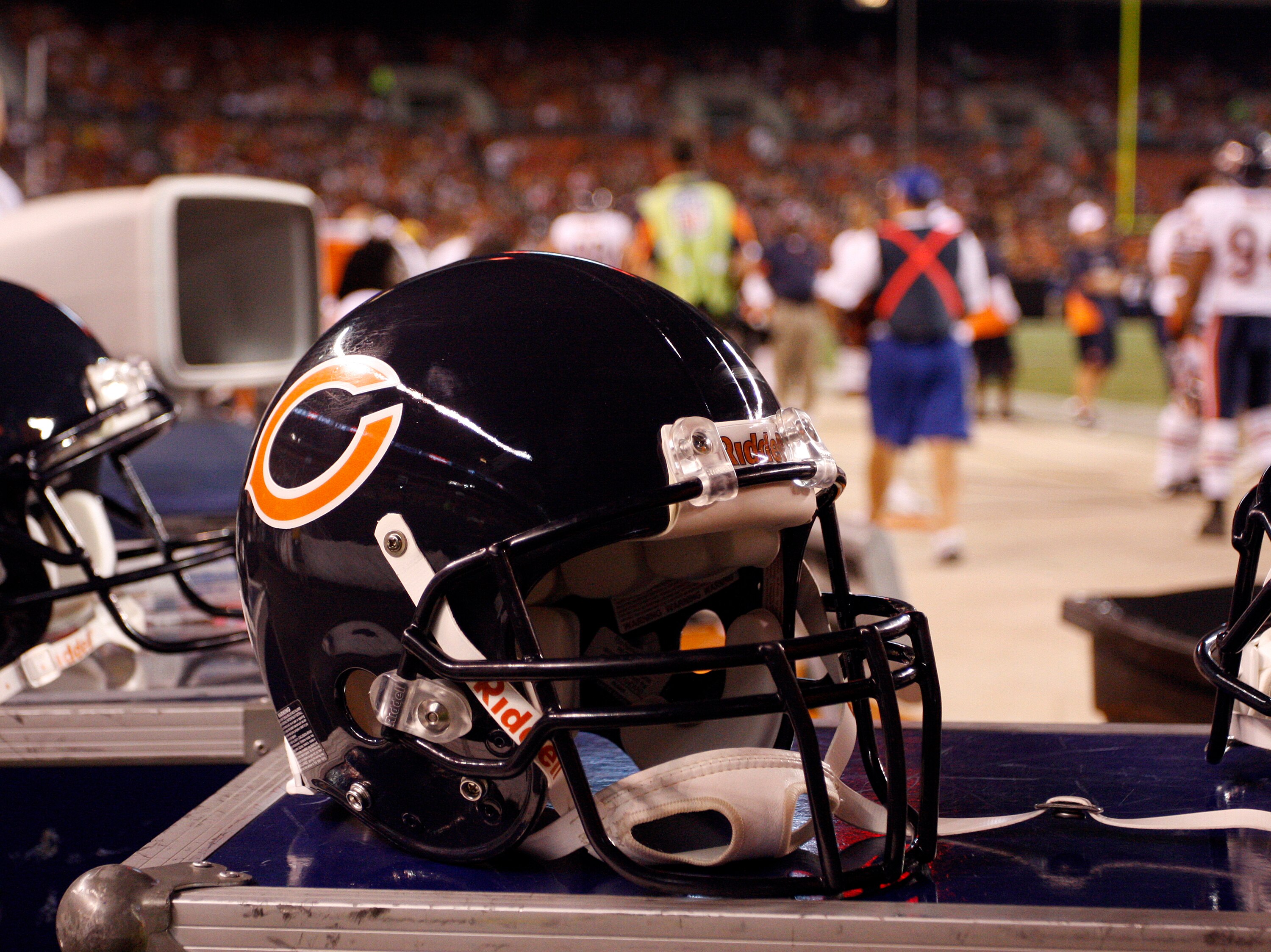 CLEVELAND - SEPTEMBER 2: A Chicago Bears helmet sits on the sideline during the preseason game between the Chicago Bears and the Cleveland Browns on September 2, 2010 at Cleveland Browns Stadium in Cleveland, Ohio. The Browns defeated the Bears 13-10. (Ph