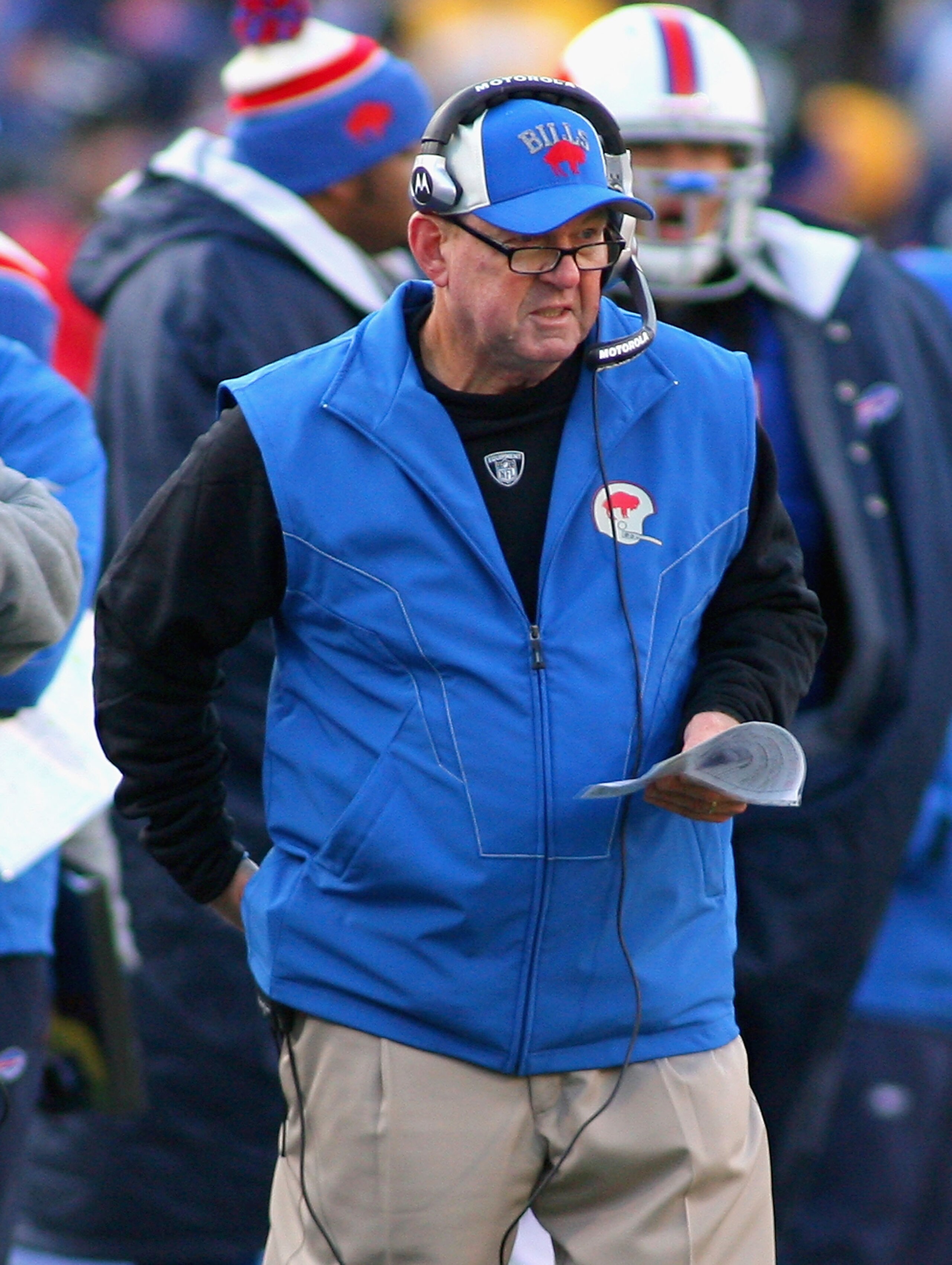ORCHARD PARK, NY - NOVEMBER 28: Chan Gailey, head coach of the Buffalo Bills stands on the sidelines during a timeout against the Pittsburgh Steelers at Ralph Wilson Stadium at Ralph Wilson Stadium on November 28, 2010 in Orchard Park, New York.  (Photo b