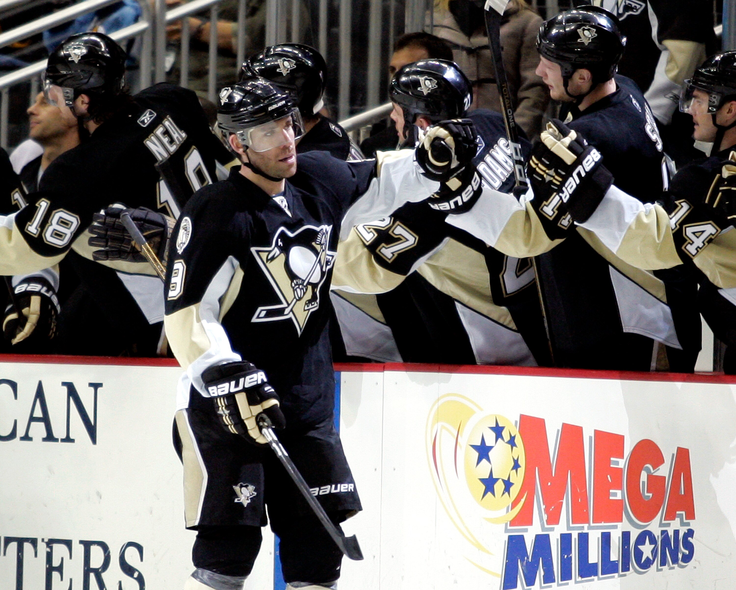 PITTSBURGH, PA - APRIL 05:  Pascal Dupuis #9 of the Pittsburgh Penguins celebrates his second period goal against the New Jersey Devils at Consol Energy Center on April 5, 2011 in Pittsburgh, Pennsylvania.  (Photo by Justin K. Aller/Getty Images)