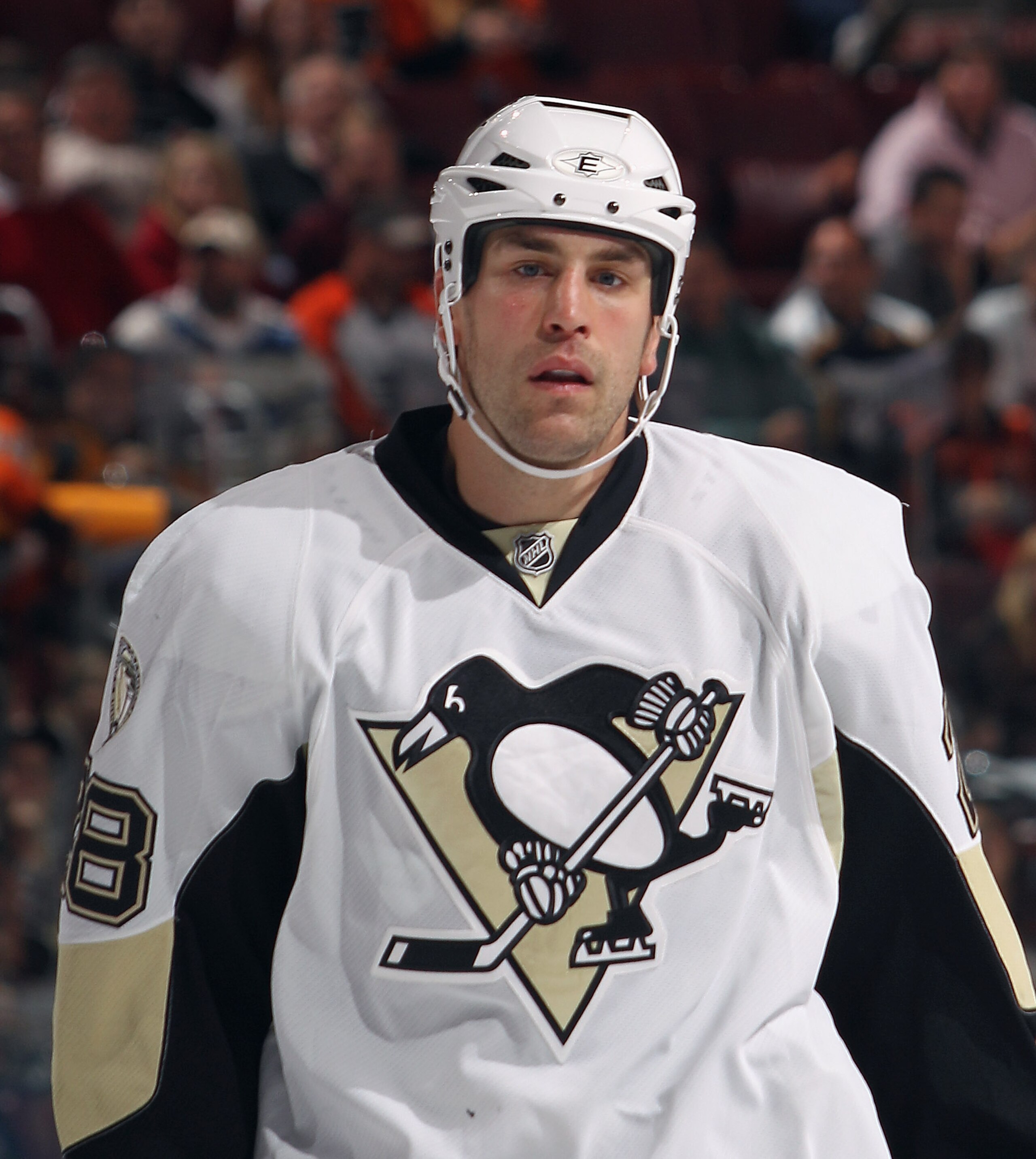 PHILADELPHIA - OCTOBER 16:  Eric Godard #28 of the Pittsburgh Penguins skates against the Philadelphia Flyers at the Wells Fargo Center on October 16, 2010 in Philadelphia, Pennsylvania.  (Photo by Bruce Bennett/Getty Images)