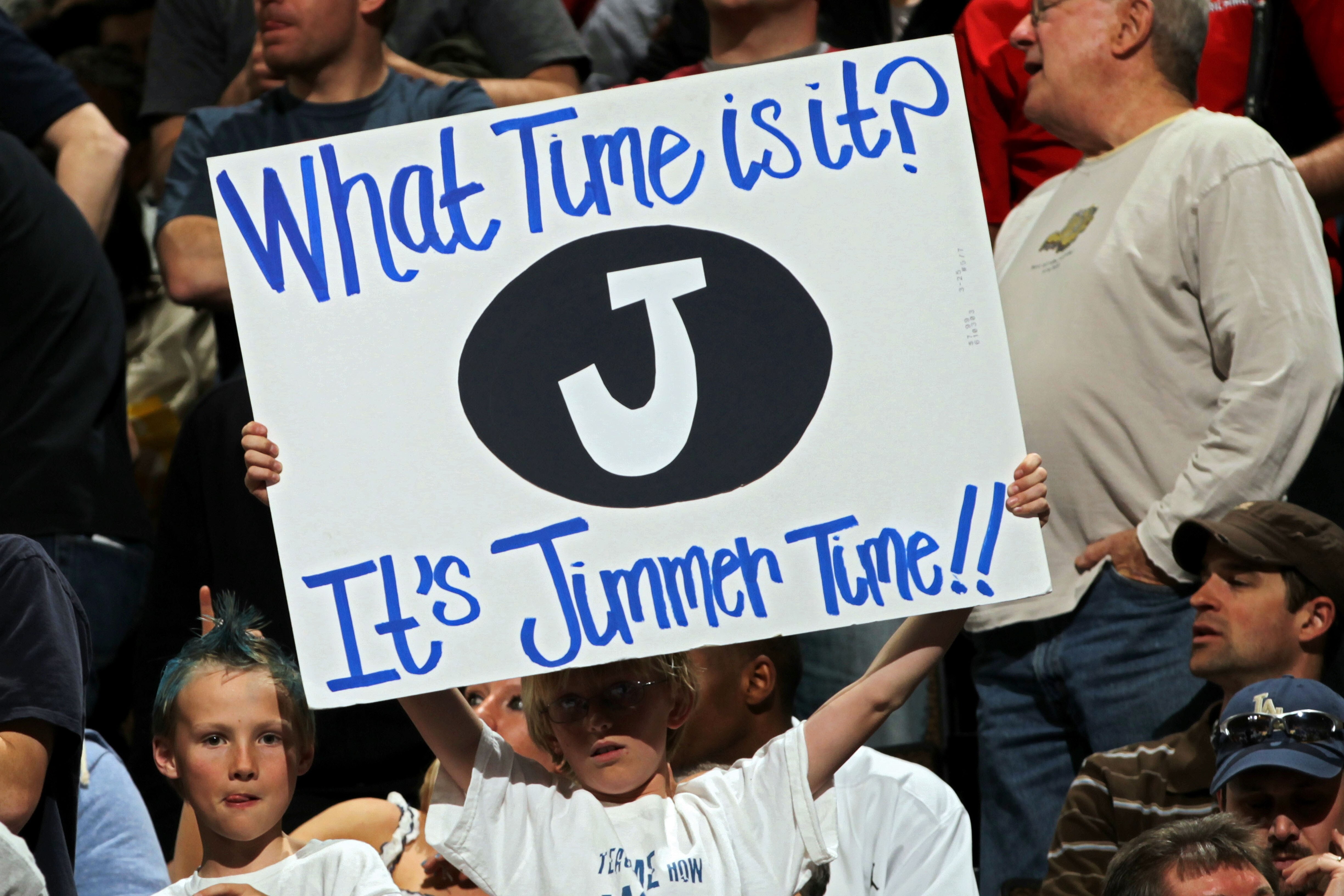DENVER, CO - MARCH 19:  A young fan of the Brigham Young Cougars holds up a sign reading 'What Time is it? It's Jimmer Time!!' during the third round of the 2011 NCAA men's basketball tournament at Pepsi Center on March 19, 2011 in Denver, Colorado.  (Pho