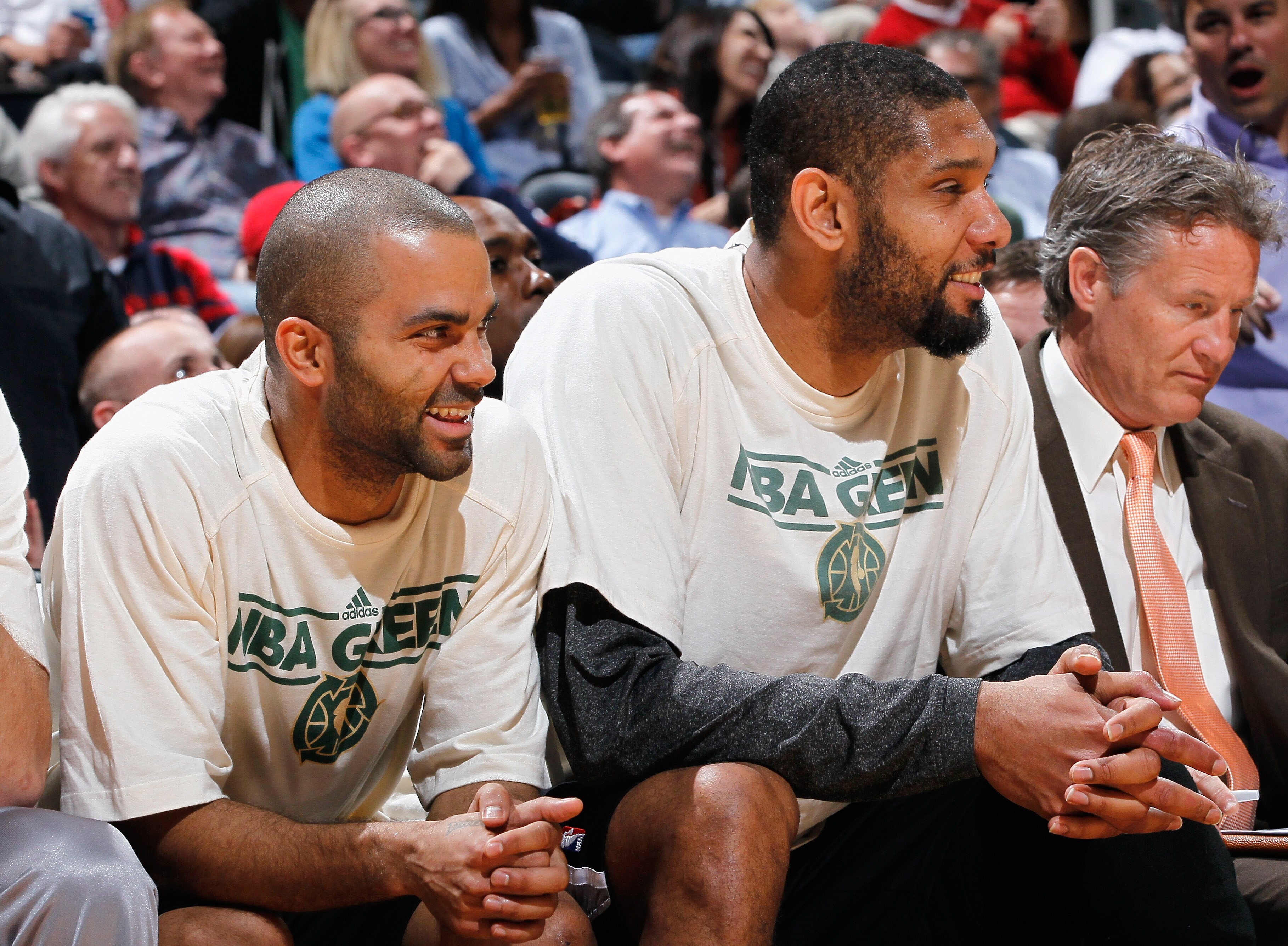 ATLANTA, GA - APRIL 05:  Tim Duncan #21 and Tony Parker #9 of the San Antonio Spurs against the Atlanta Hawks at Philips Arena on April 5, 2011 in Atlanta, Georgia.  NOTE TO USER: User expressly acknowledges and agrees that, by downloading and/or using th