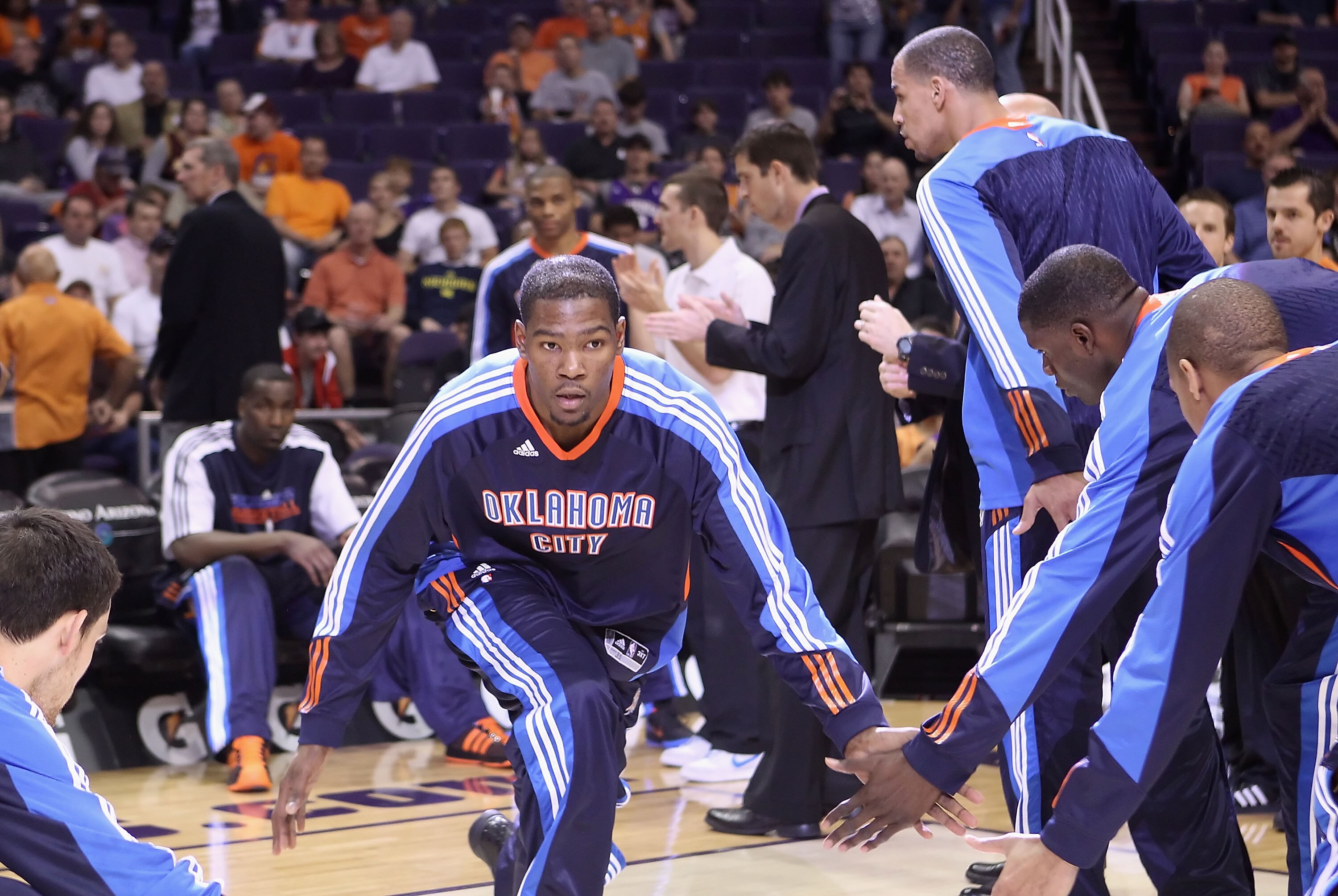 PHOENIX, AZ - MARCH 30:  Kevin Durant #35 of the Oklahoma City Thunder is introduced before the NBA game against the Phoenix Suns at US Airways Center on March 30, 2011 in Phoenix, Arizona. The Thunder defeated the Suns 116-98.   NOTE TO USER: User expres
