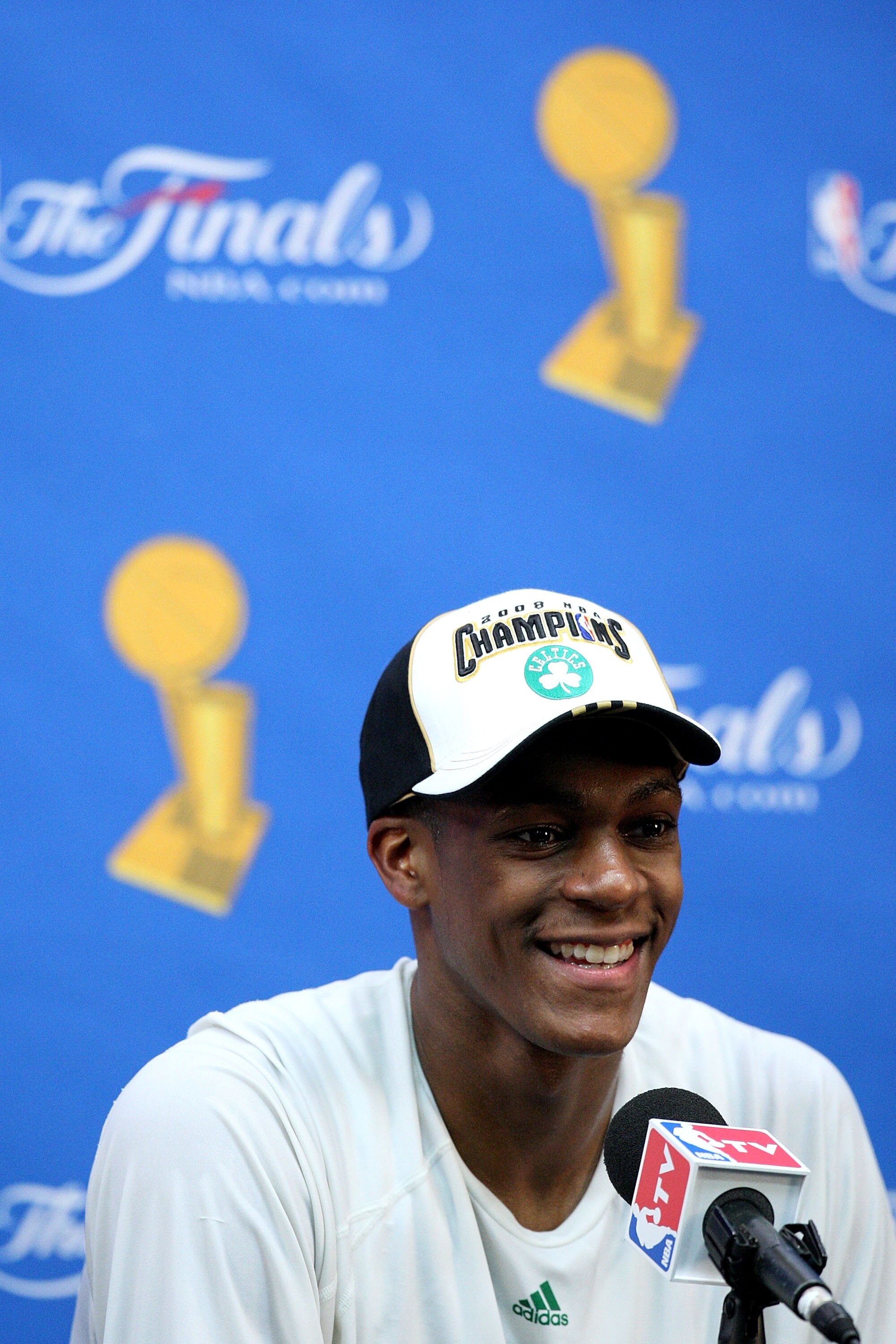BOSTON - JUNE 17:  Rajon Rondo #9 of the Boston Celtics speaks to the media after the Celtics' win over the Los Angeles Lakers in Game Six of the 2008 NBA Finals on June 17, 2008 at TD Banknorth Garden in Boston, Massachusetts. The Celtics defeated the La