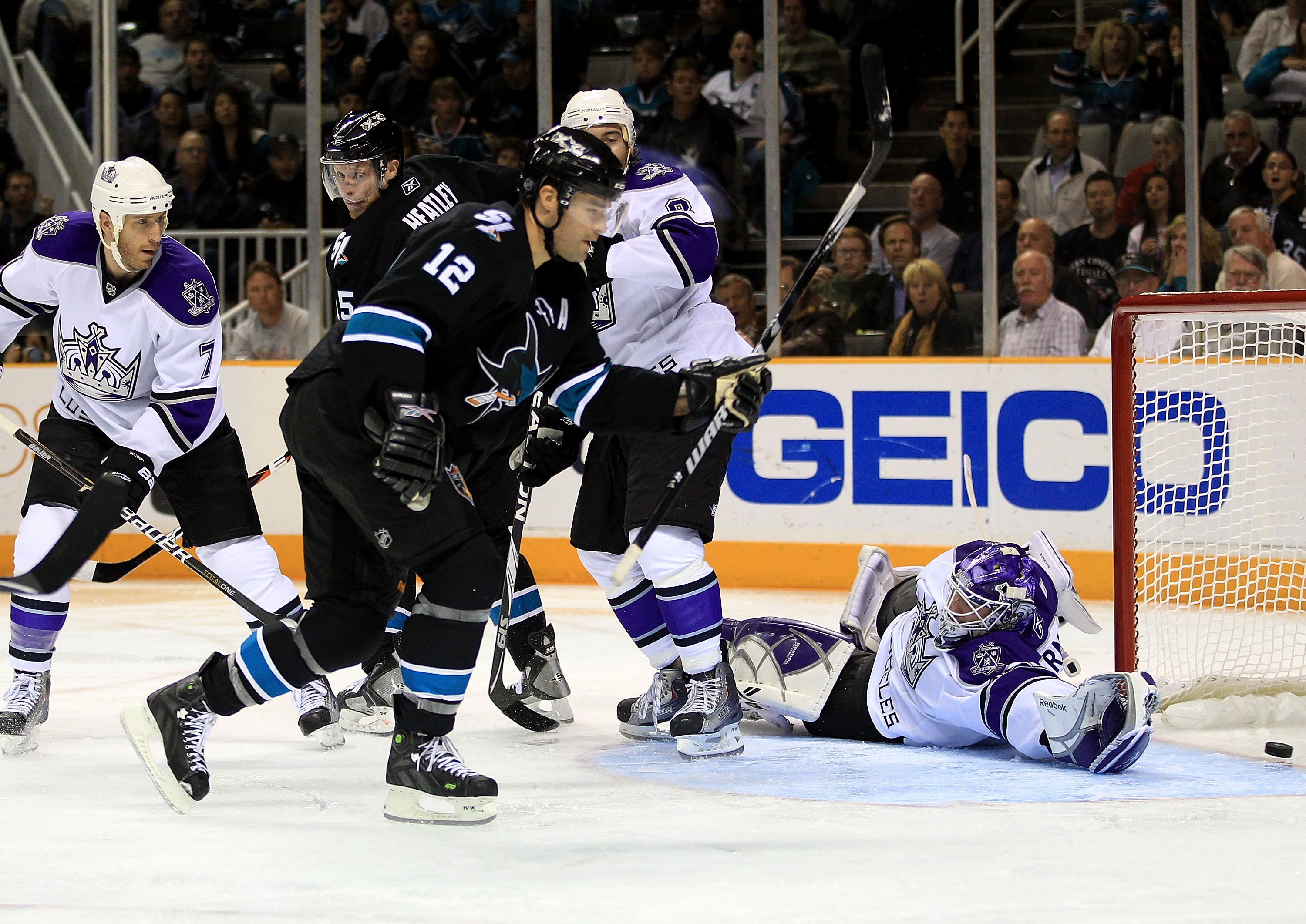 SAN JOSE, CA - NOVEMBER 15:  Patrick Marleau #12 of the San Jose Sharks scores a goal past a diving Jonathan Bernier #45 of the Los Angeles Kings at HP Pavilion on November 15, 2010 in San Jose, California.  (Photo by Ezra Shaw/Getty Images)