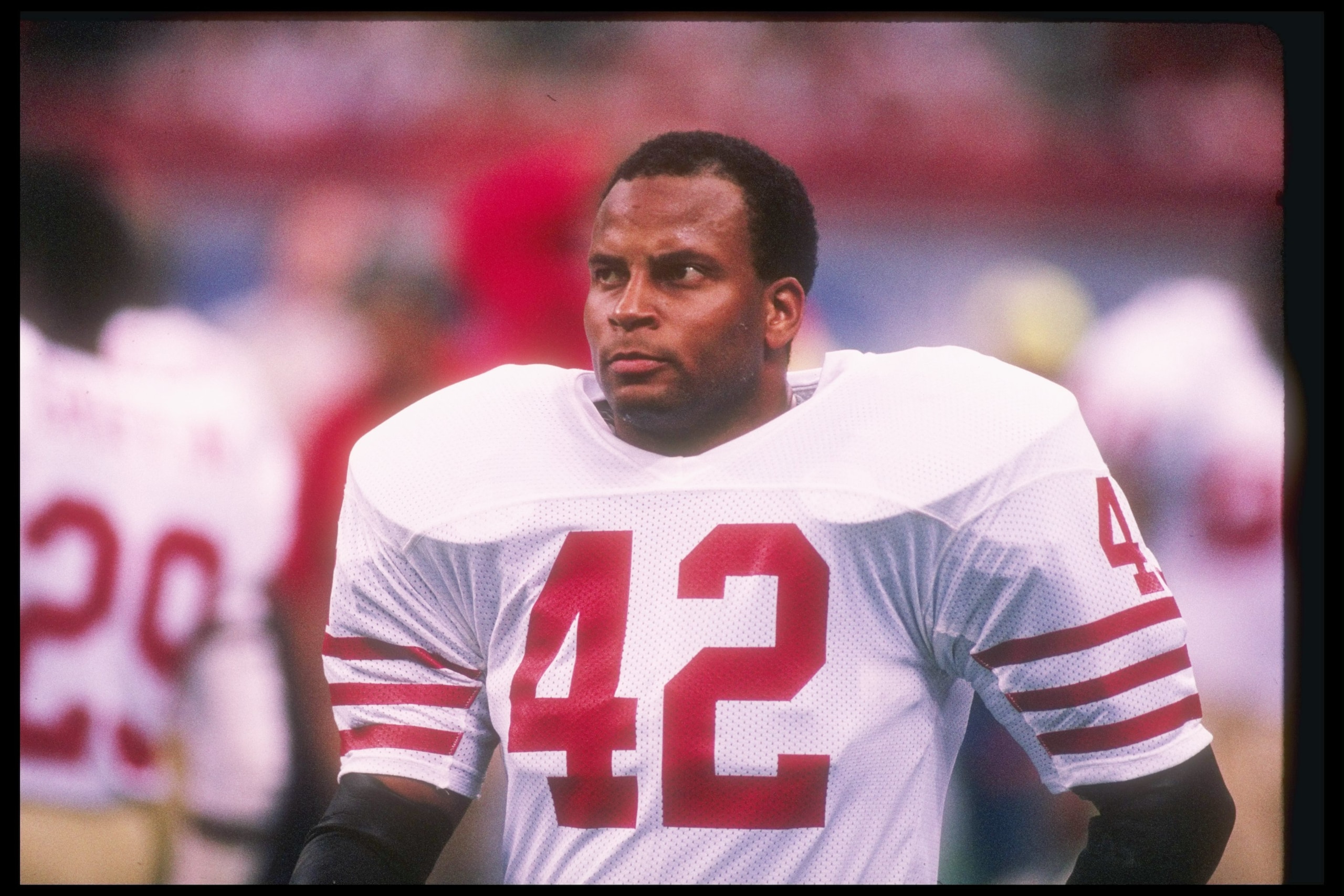 28 Jan 1990:   Defensive back Ronnie Lott of the San Francisco 49ers observes the action during Super Bowl XXIV against the Denver Broncos at the Louisiana Superdome in New Orleans, Louisiana. The 49ers won the game, 55-10. Mandatory Credit: Rick Stewart