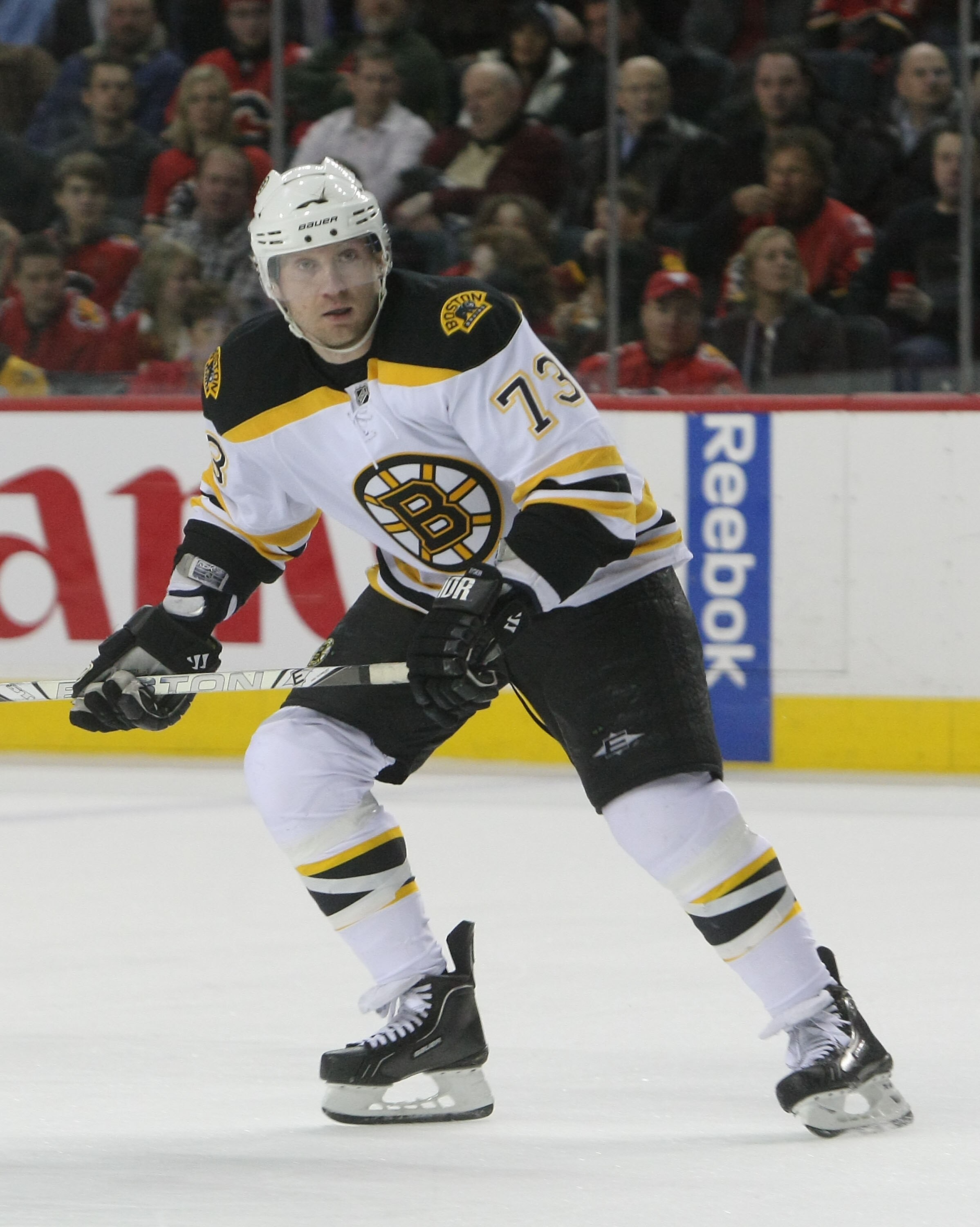CALGARY,CANADA - FEBRUARY 22:  Michael Ryder #73 of the Boston Bruins skates against the Calgary Flames during their NHL game at Scotiabank Saddledome, February 22,2011 in Calgary, Alberta, Canada.(Photo By Dave Sandford/Getty Images)
