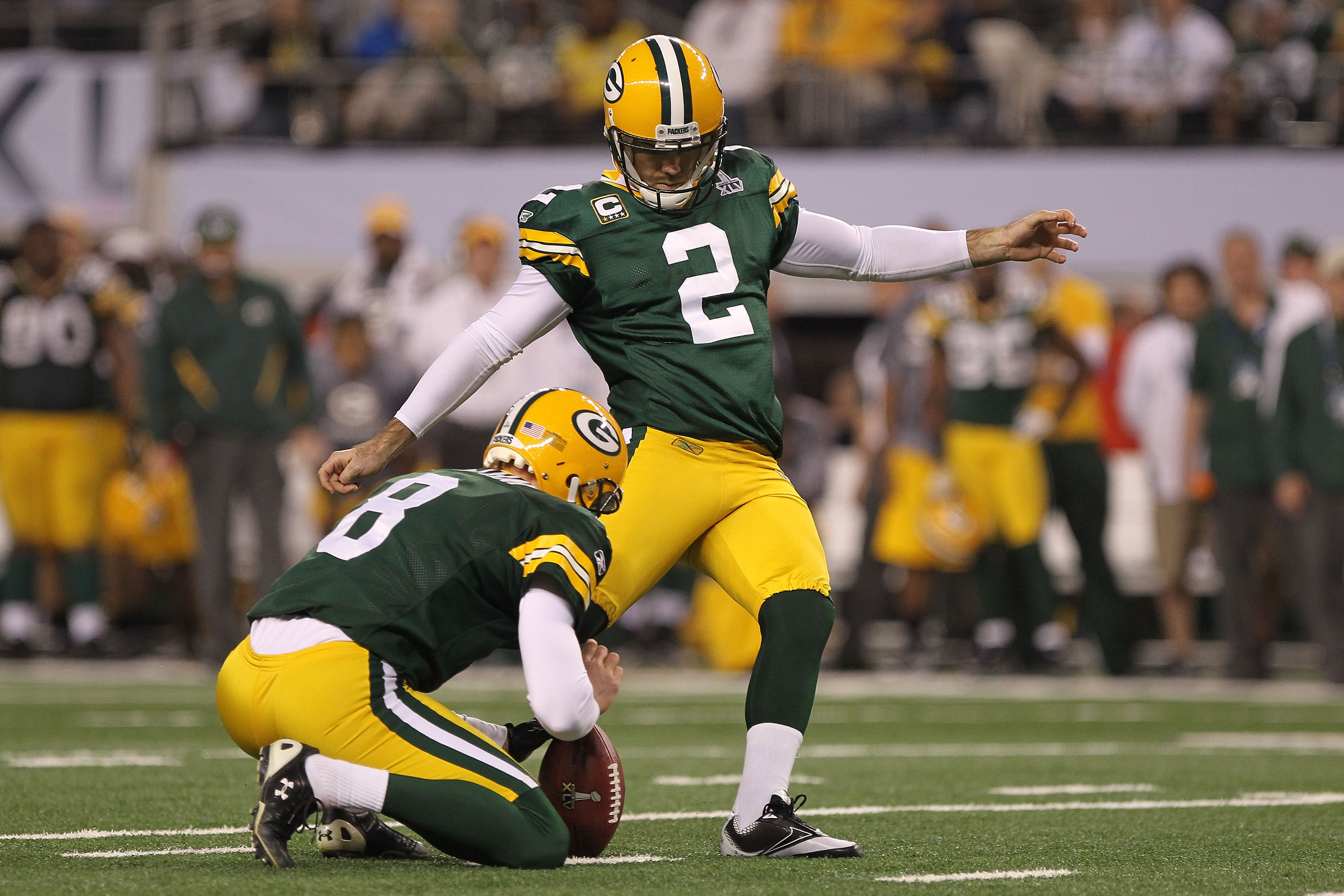 ARLINGTON, TX - FEBRUARY 06:  Mason Crosby #2  of the Green Bay Packers kicks a field goal during the fourth quarter of Super Bowl XLV at Cowboys Stadium on February 6, 2011 in Arlington, Texas.  (Photo by Doug Pensinger/Getty Images)