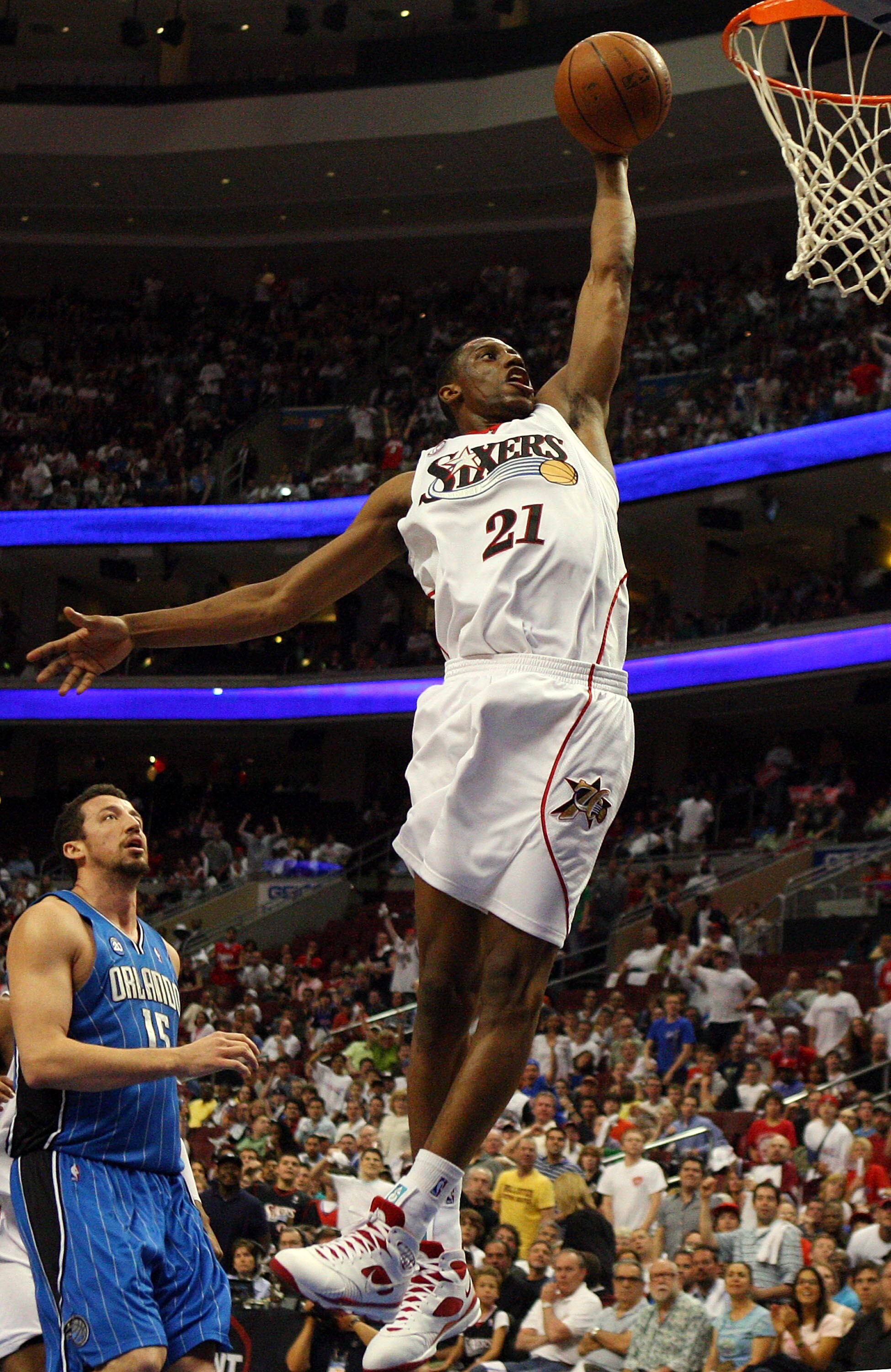 PHILADELPHIA - APRIL 26:  Thaddeus Young #21 of the Philadelphia 76ers goes to the hoop against the Orlando Magic during Game Four of the Eastern Conference Quarterfinals during the 2009 NBA Playoffs at the Wachovia Center on April 26, 2009 in Philadelphi