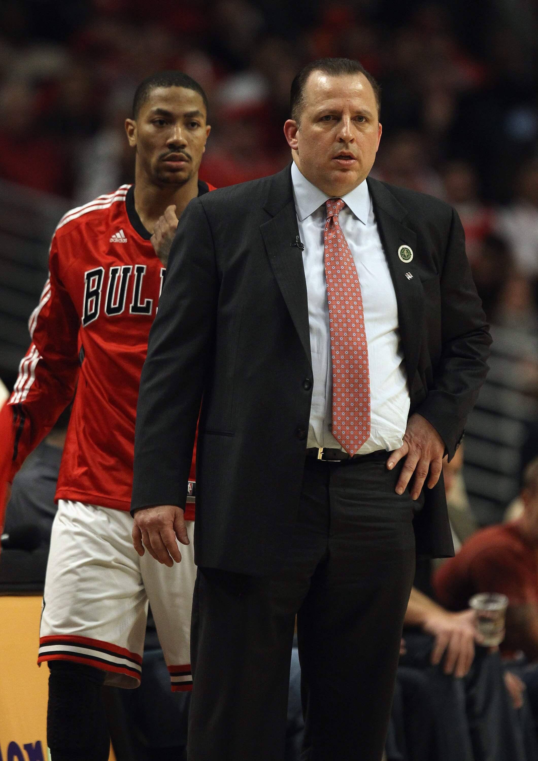 CHICAGO, IL - APRIL 07: Head coach Tom Thibodeau of the Chicago Bulls watches his team as Derrick Rose #1 moves to re-enter a game against the Boston Celtics at United Center on April 7, 2011 in Chicago, Illinois. The Bulls defeated the Celtics 97-81. NOT