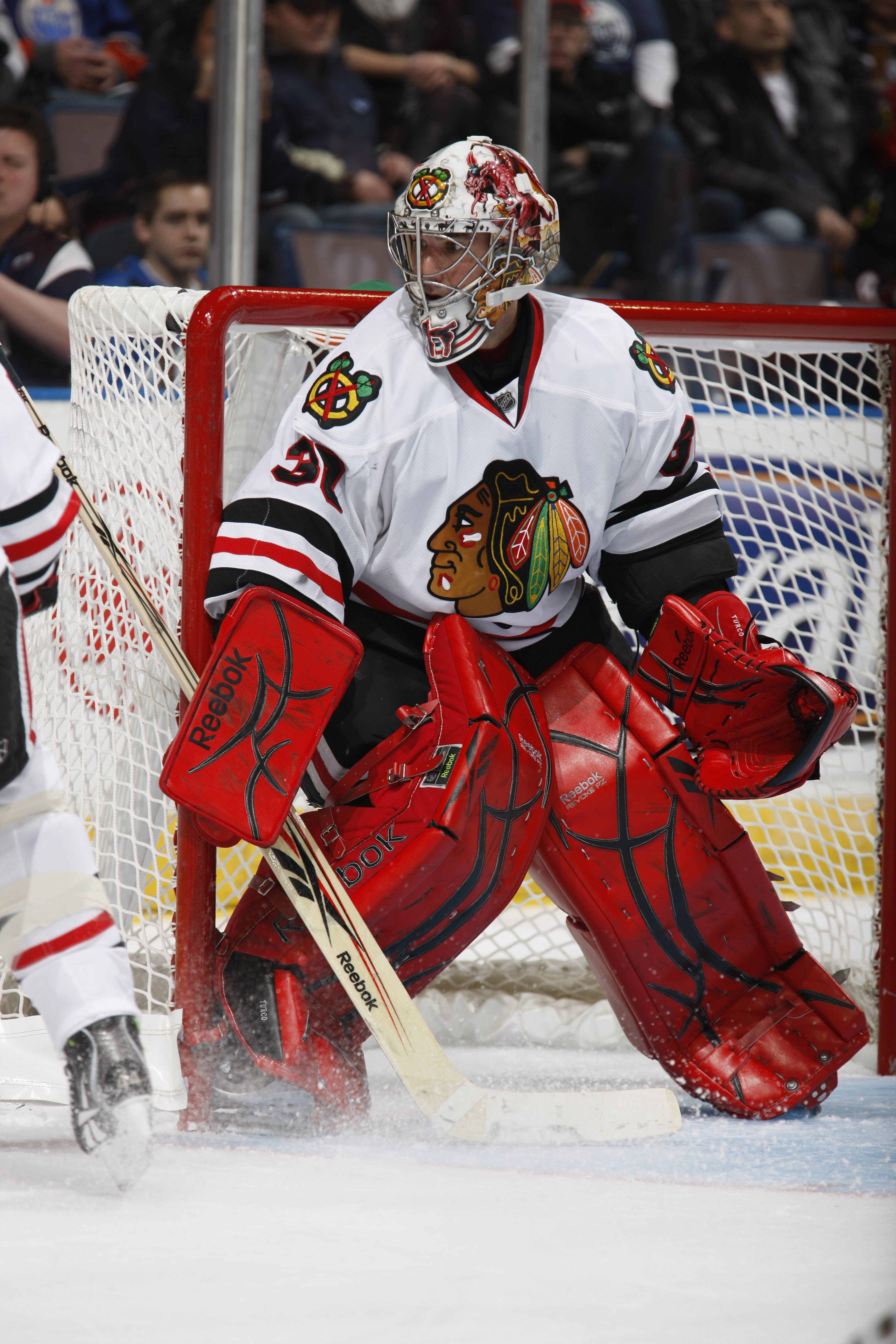 EDMONTON, CANADA - NOVEMBER 17: Marty Turco #30 of the Chicago Black Hawks skates against the Edmonton Oilers on November 17, 2010 at Rexall Place in Edmonton, Alberta, Canada. (Photo by Dale MacMillan/Getty Images)