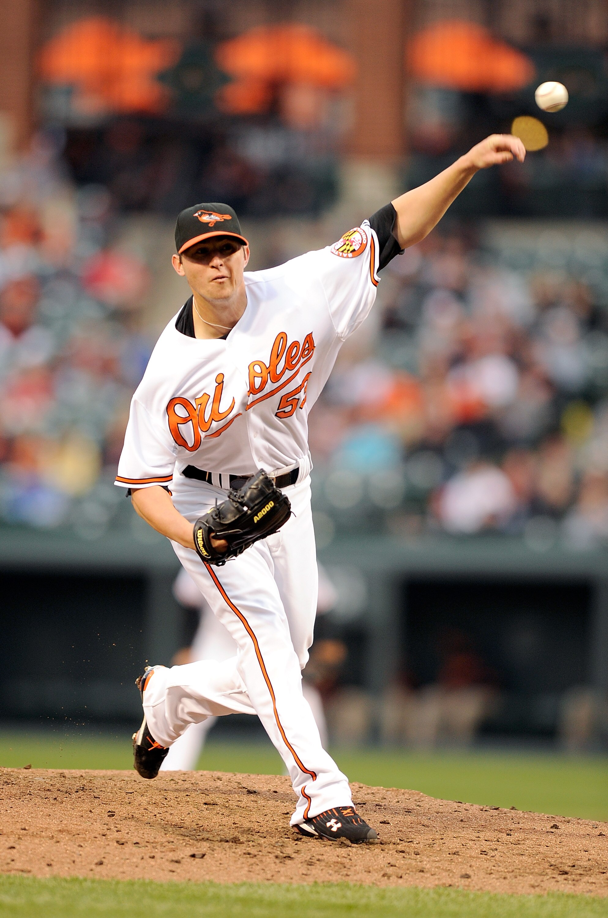BALTIMORE, MD - APRIL 09:  Zach Britton #53 of the Baltimore Orioles pitches against the Texas Rangers at Oriole Park at Camden Yards on April 9, 2011 in Baltimore, Maryland.  (Photo by Greg Fiume/Getty Images)