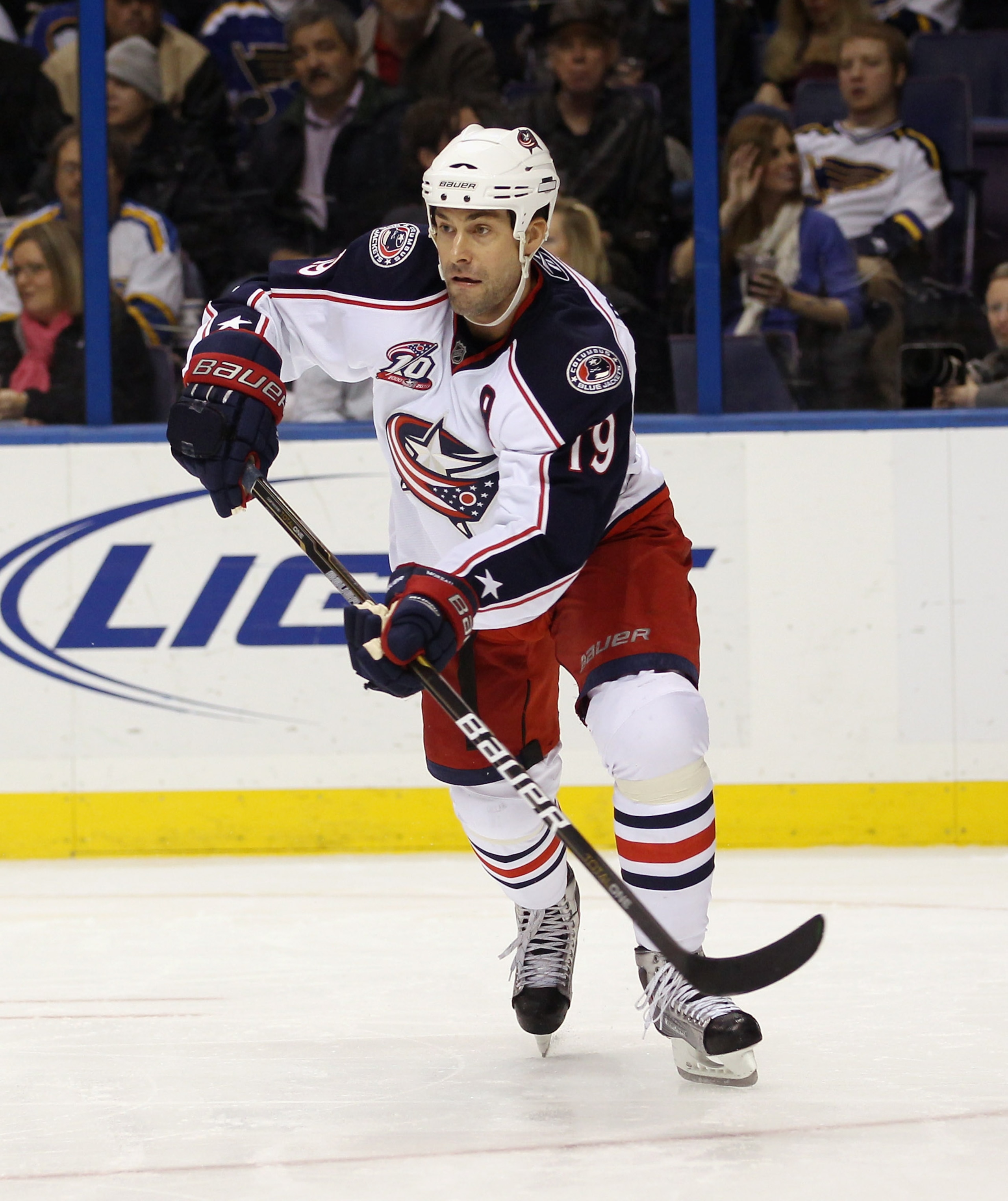 ST LOUIS, MO - DECEMBER 09: Ethan Moreau #19 of the Columbus Blue Jackets skates against the St. Louis Blues at the Scottrade Center on December 9, 2010 in St Louis, Missouri. The Blues defeated The Blue Jackets 4-1. (Photo by Bruce Bennett/Getty Image ST LOUIS, MO - DECEMBER 09: Ethan Moreau #19 of the Columbus Blue Jackets skates against the St. Louis Blues at the Scottrade Center on December 9, 2010 in St Louis, Missouri. The Blues defeated The Blue Jackets 4-1. (Photo by Bruce Bennett/Getty Image