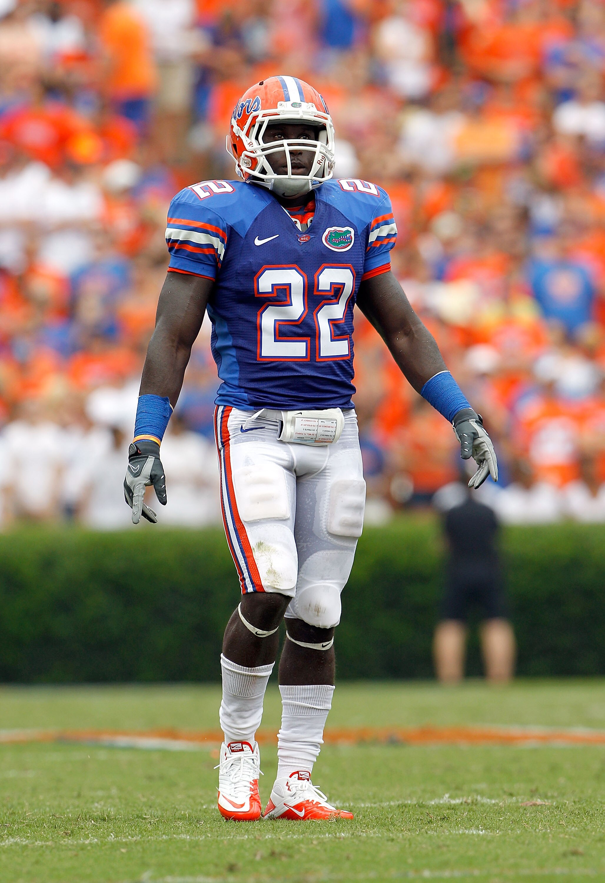 GAINESVILLE, FL - SEPTEMBER 04:  Safety Matt Elam #22 of the Florida Gators waits for action against the Miami University RedHawks at Ben Hill Griffin Stadium on September 4, 2010 in Gainesville, Florida.  (Photo by Sam Greenwood/Getty Images)