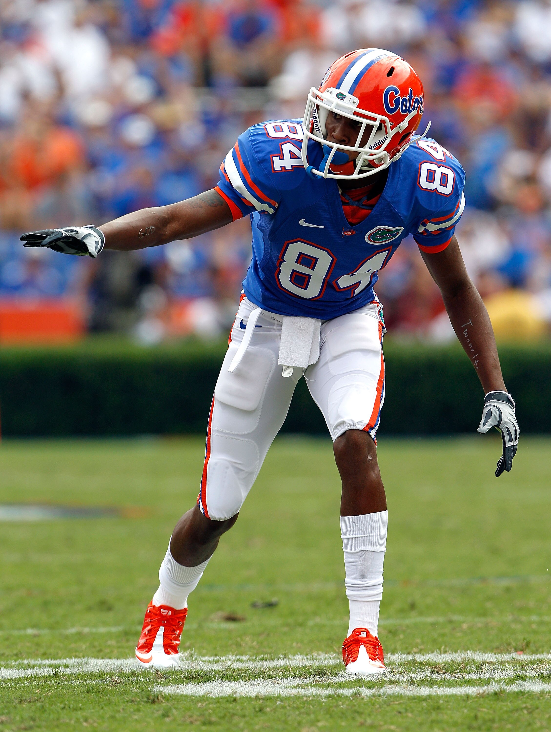 GAINESVILLE, FL - SEPTEMBER 04:  Reciever Quinton Dunbar #84 of the Florida Gators prepares to run a route against the Miami University RedHawks at Ben Hill Griffin Stadium on September 4, 2010 in Gainesville, Florida.  (Photo by Sam Greenwood/Getty Image